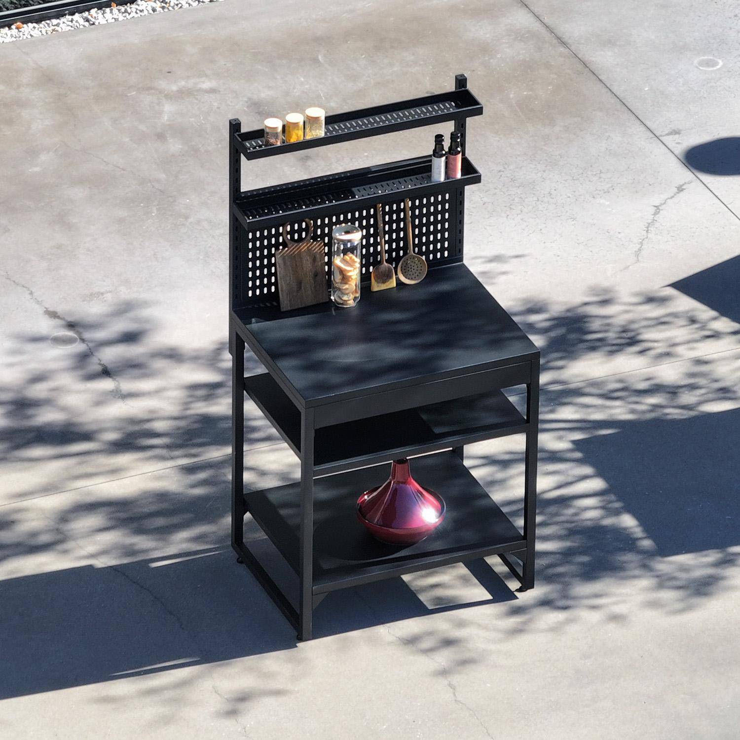 Cozinha externa de aço com 2 prateleiras, 2 tampos e suporte de parede, 80cm Preto - 80x60x157 cm Photo2