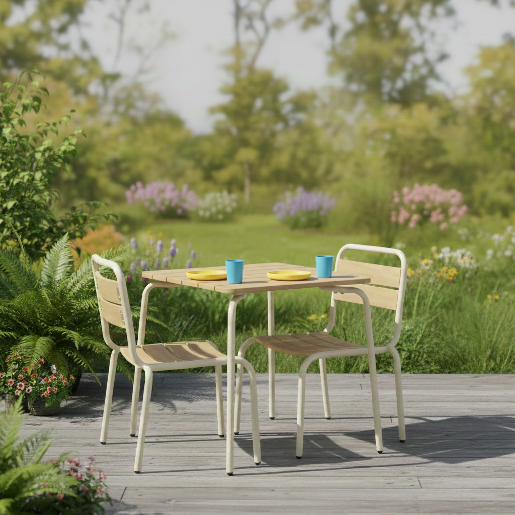 Gartentisch aus Stahl für Kinder mit Holzdekor + 2 Sitze, beige - Suzie Photo1