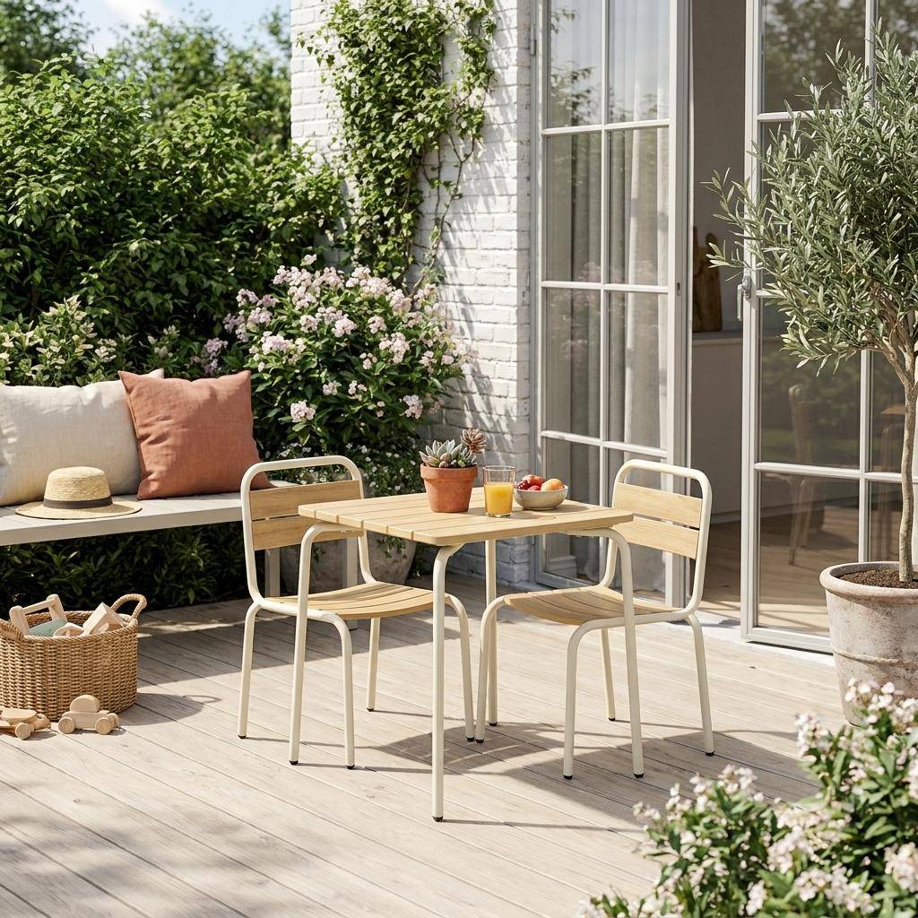 Children's garden table with steel and wood decor + 2 chairs, beige, 48x48x47 cm - Suzie,sweeek,Photo1