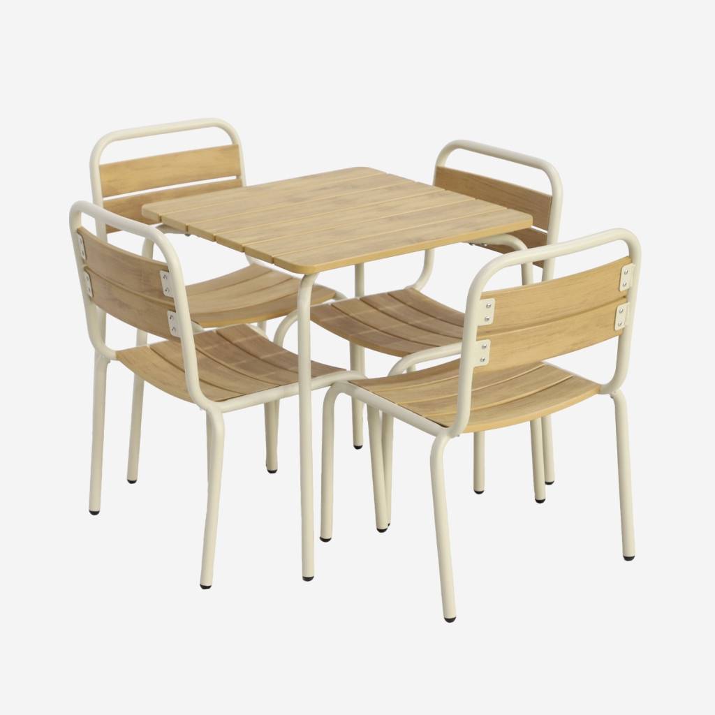 Gartentisch aus Stahl für Kinder mit Holzdekor + 4 Sitze, beige
