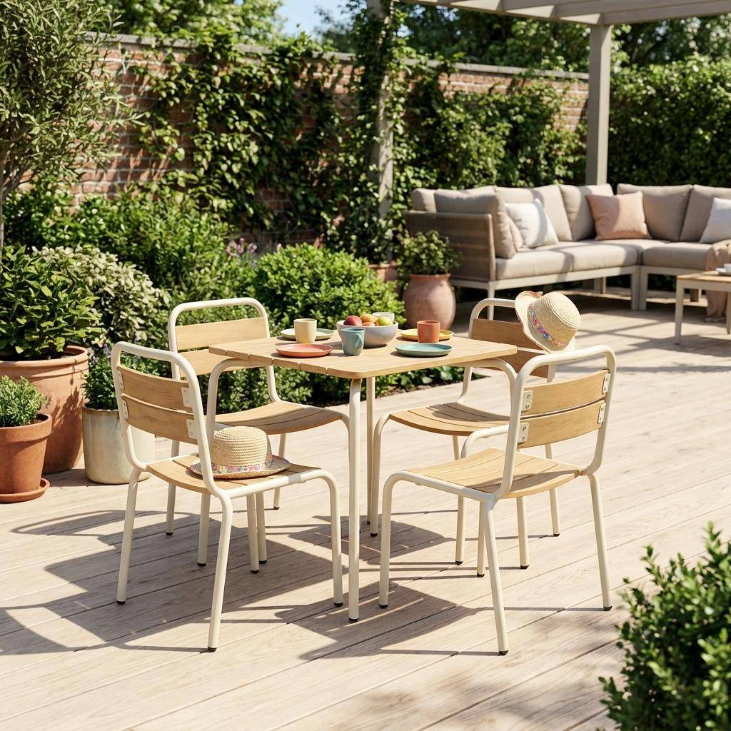 Mesa de jardín infantil de acero y decoración de madera con 4 asientos Beige - 48x48x47 cm Photo1