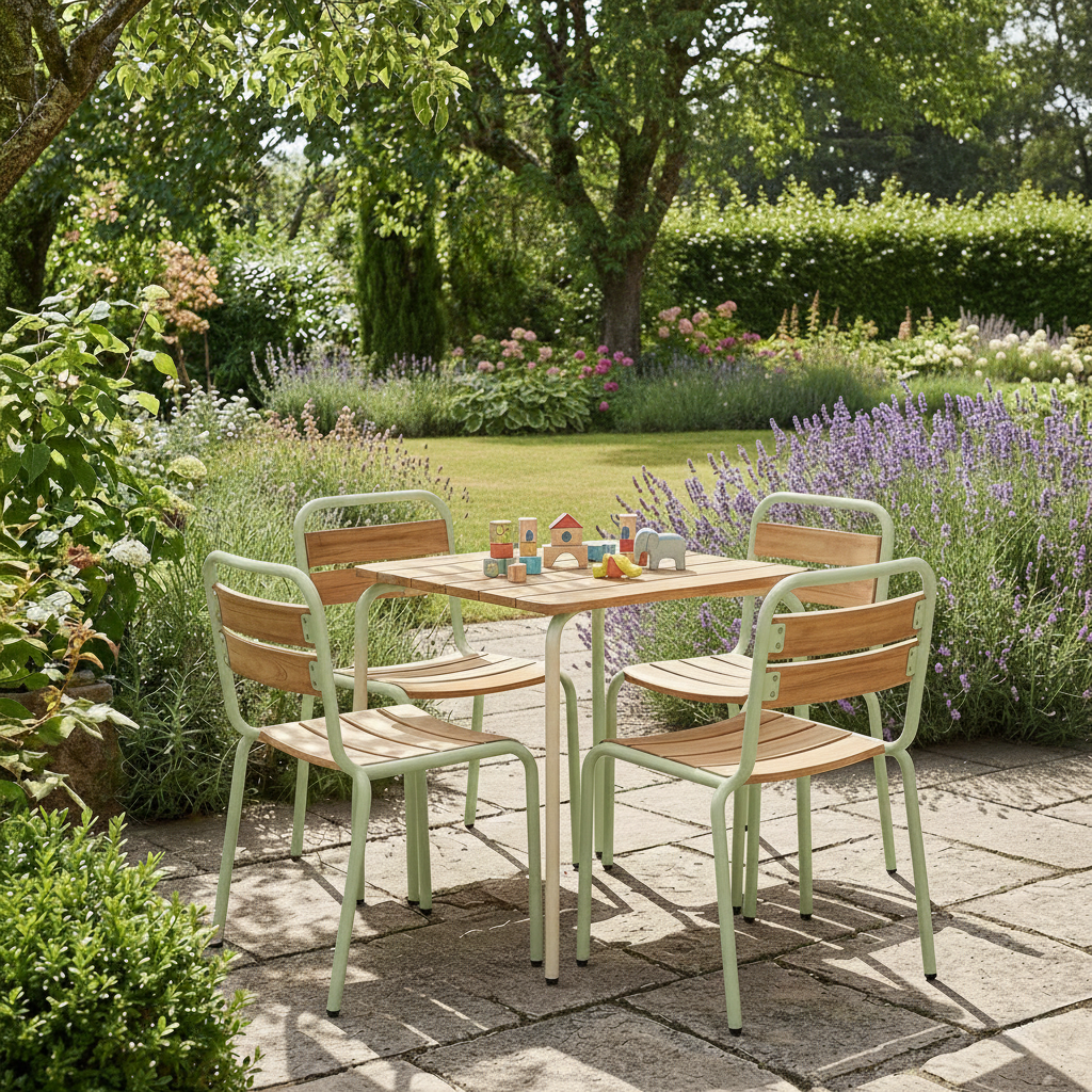 Gartentisch aus Stahl für Kinder mit Holzdekor + 4 Sitze, graugrün - Suzie,sweeek,Photo1