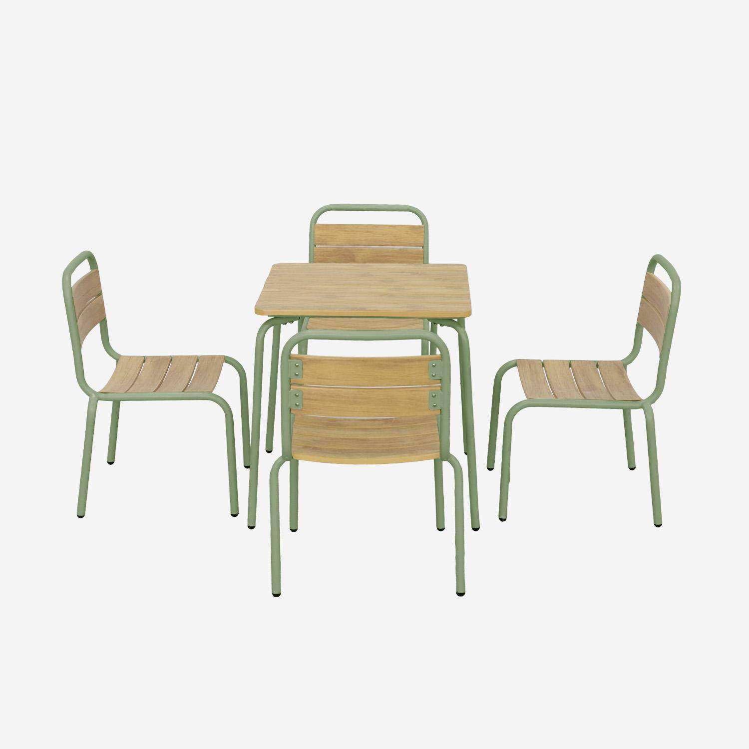 Gartentisch aus Stahl für Kinder mit Holzdekor + 4 Sitze, graugrün - Suzie,sweeek,Photo3