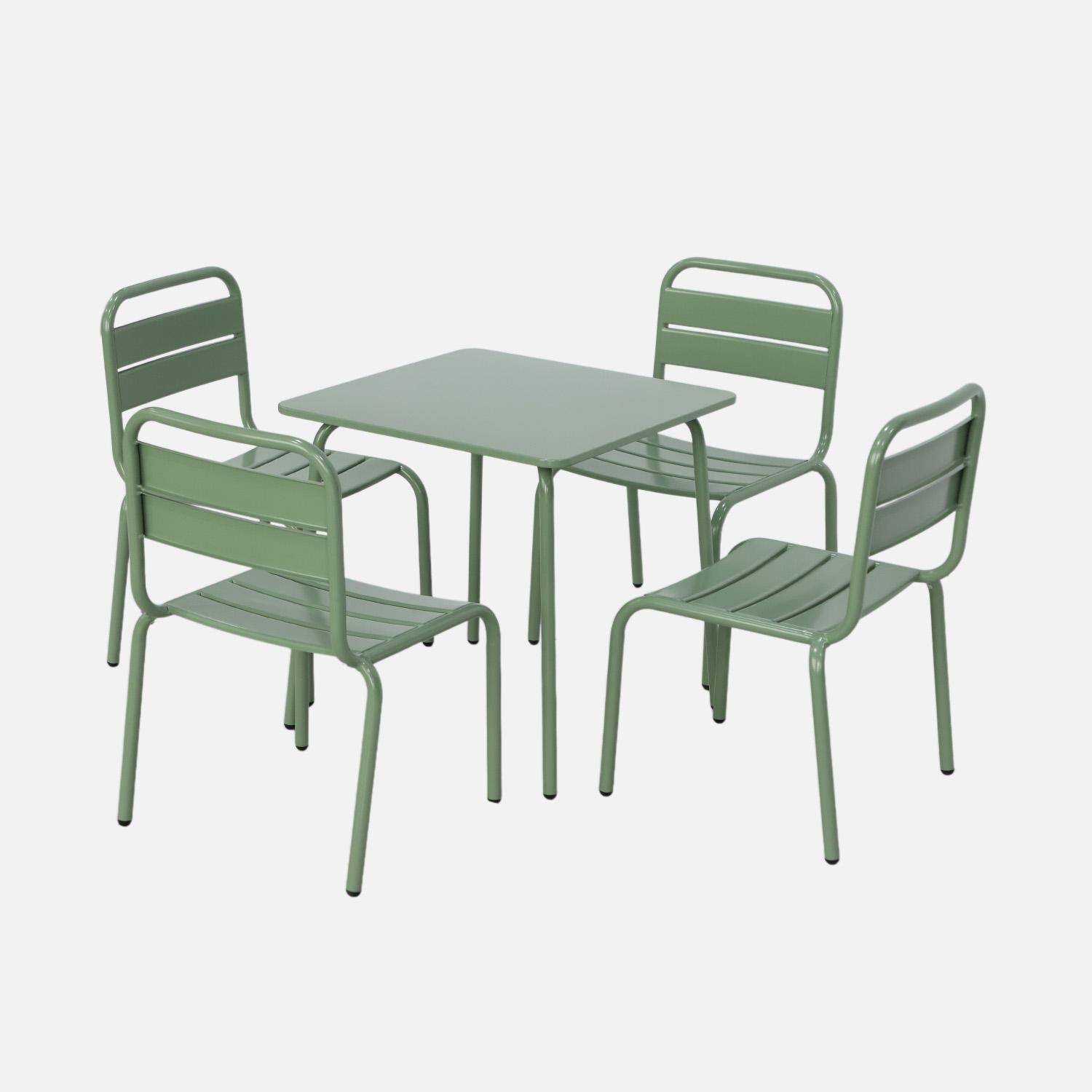 Salon de jardin enfant, table et chaises métal + 4 assises Anna vert de gris 48x48cm Photo1