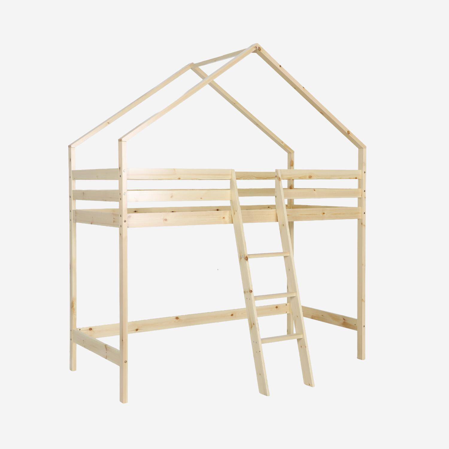 Cama infantil elevada cabaña de pino natural, 90cm, Roya, Natural, 223x199x131 cm Photo2