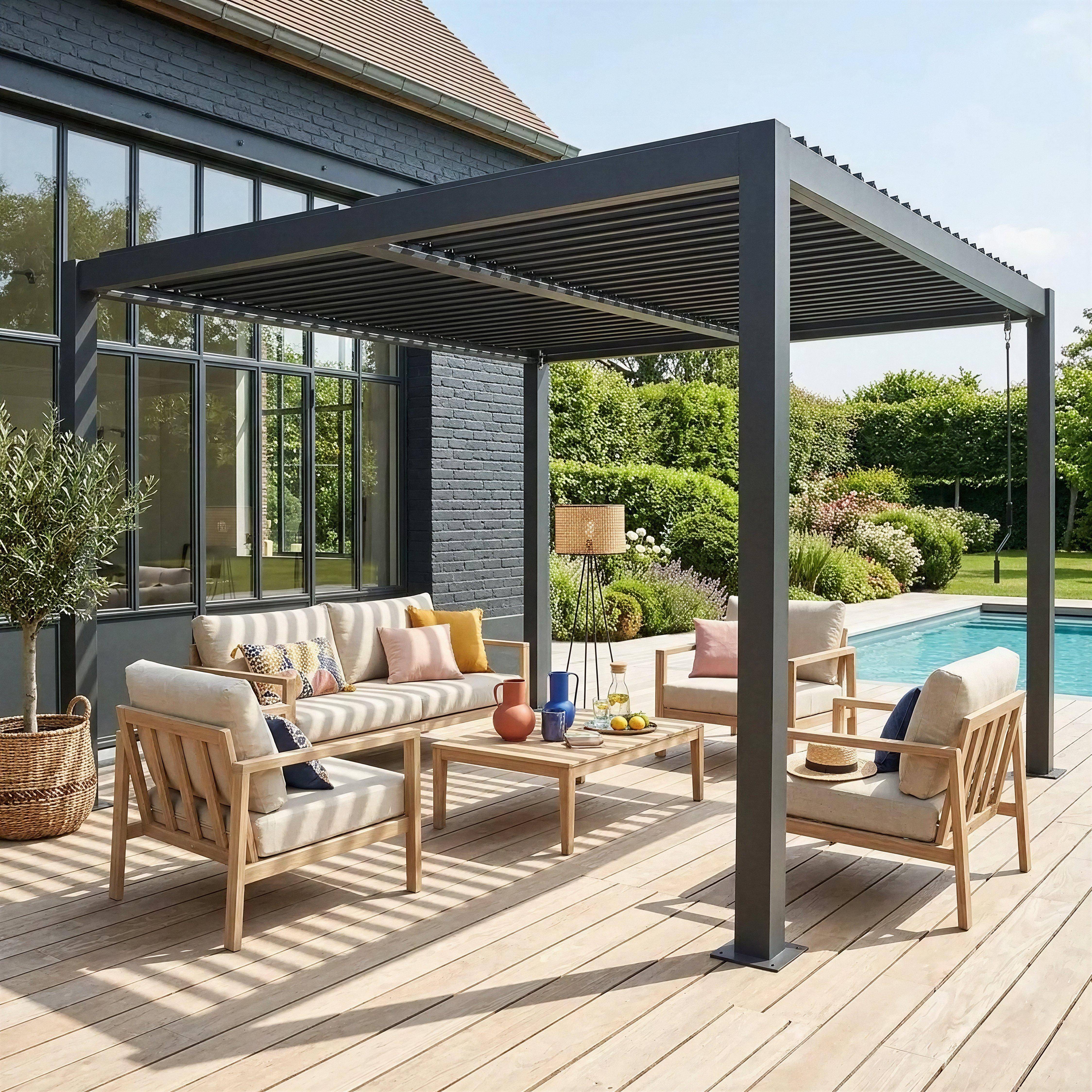 Pergola bioclimatique anthracite aluminium et acier lames orientables 3,6x3,6m Palace Photo1