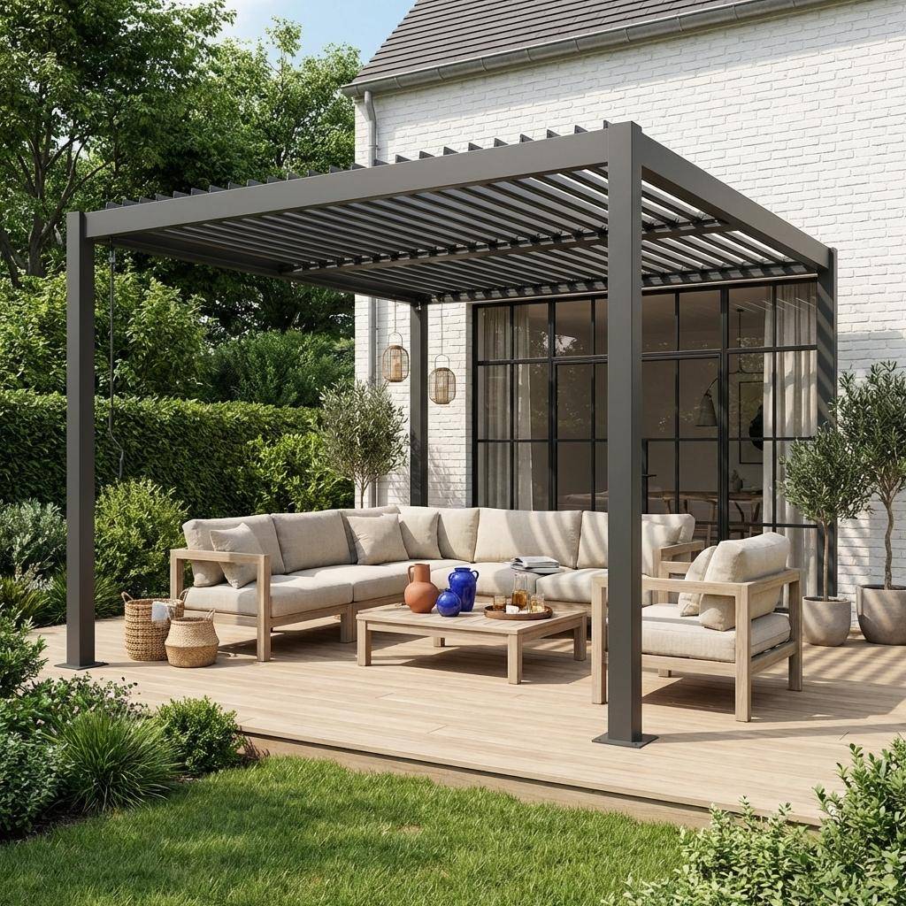 Pérgola bioclimática de alumínio e aço com lâminas ajustáveis 3,6x3,6m  Antracite - 360x360x231 cm Photo1