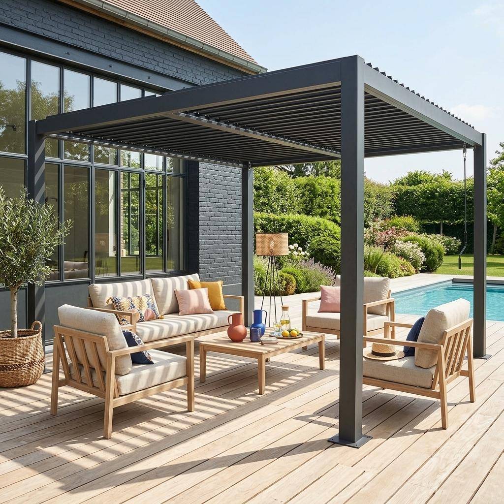 Pergola bioclimatique anthracite aluminium et acier lames orientables 3,6x3,6m Palace Photo1
