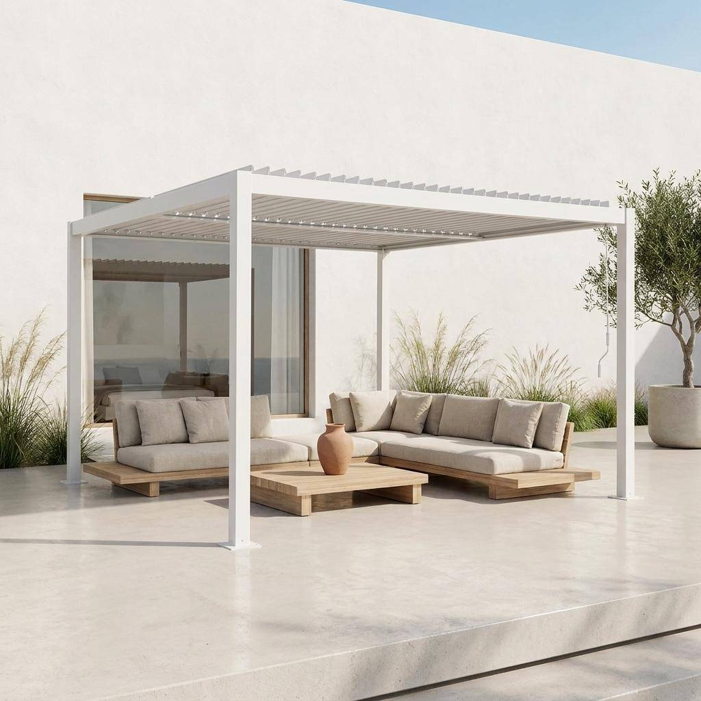 Louvered pergola aluminium and steel 3.6 x 3.6m white - Palace Photo1
