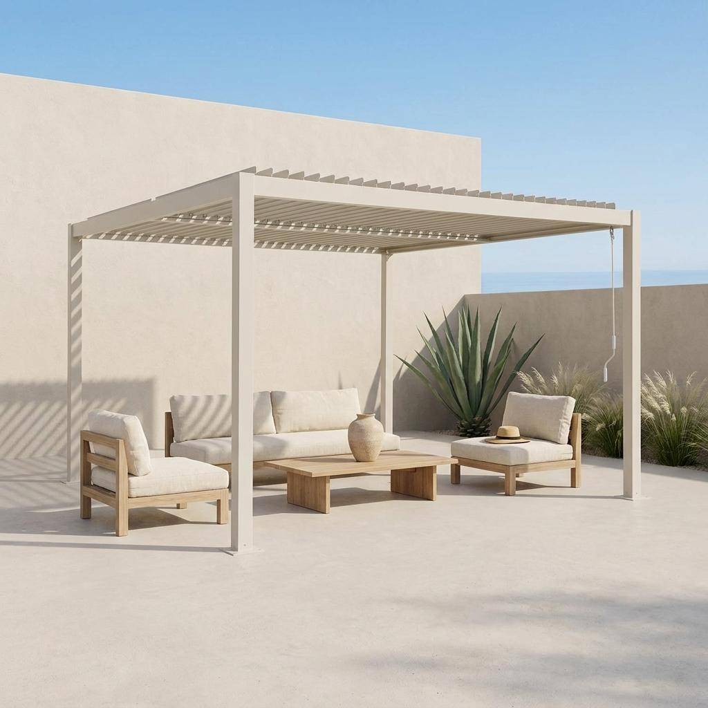 Louvered pergola aluminium and steel 3.6 x 3.6m beige - Palace Photo1