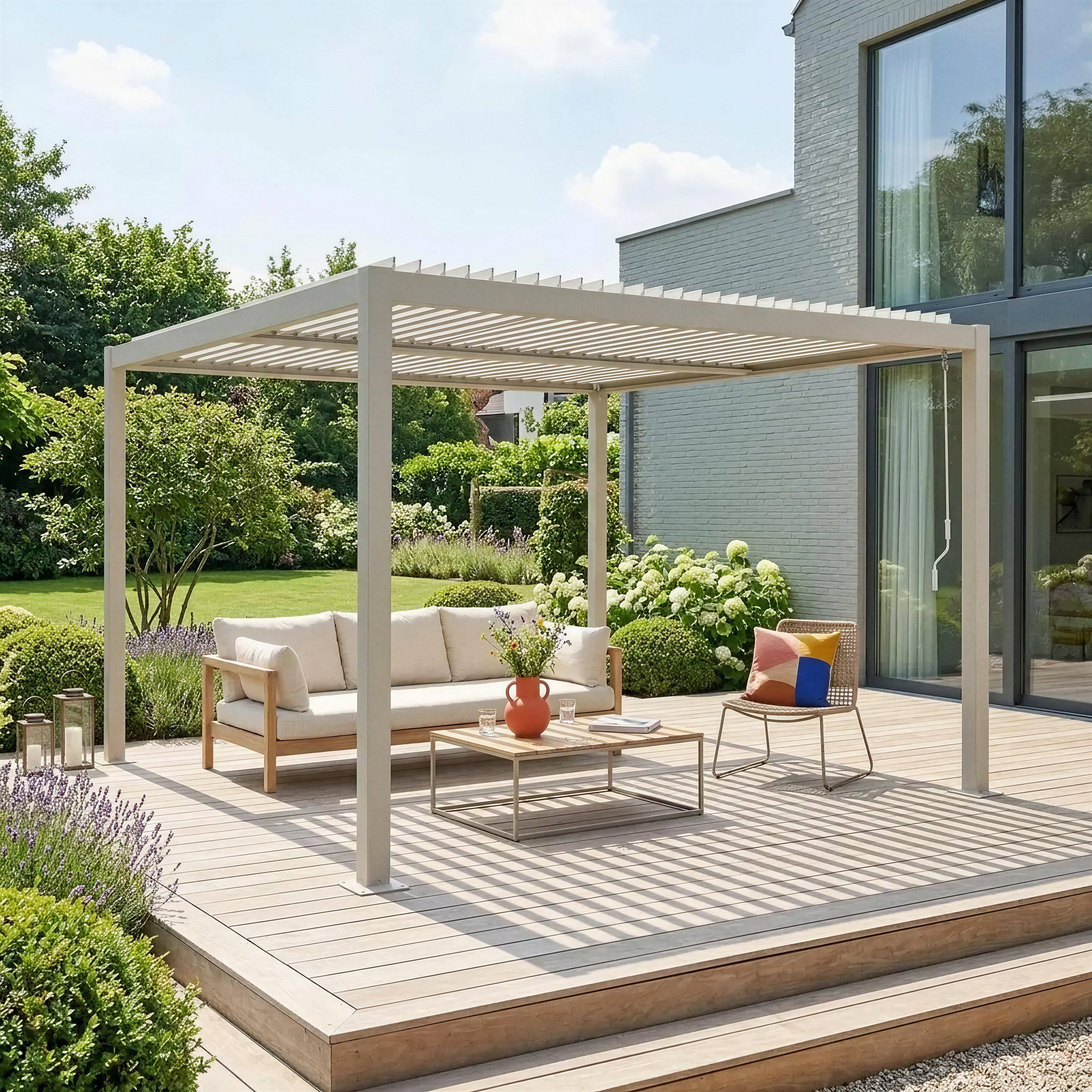 Louvered pergola aluminium and steel 3.6 x 3.6m beige - Palace Photo1