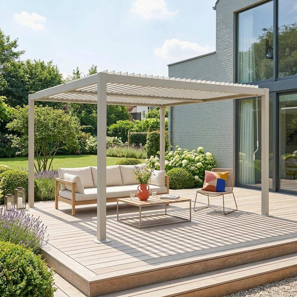 Pergola bioclimatique beige aluminium et acier lames orientables 3,6x3,6m Palace Photo1