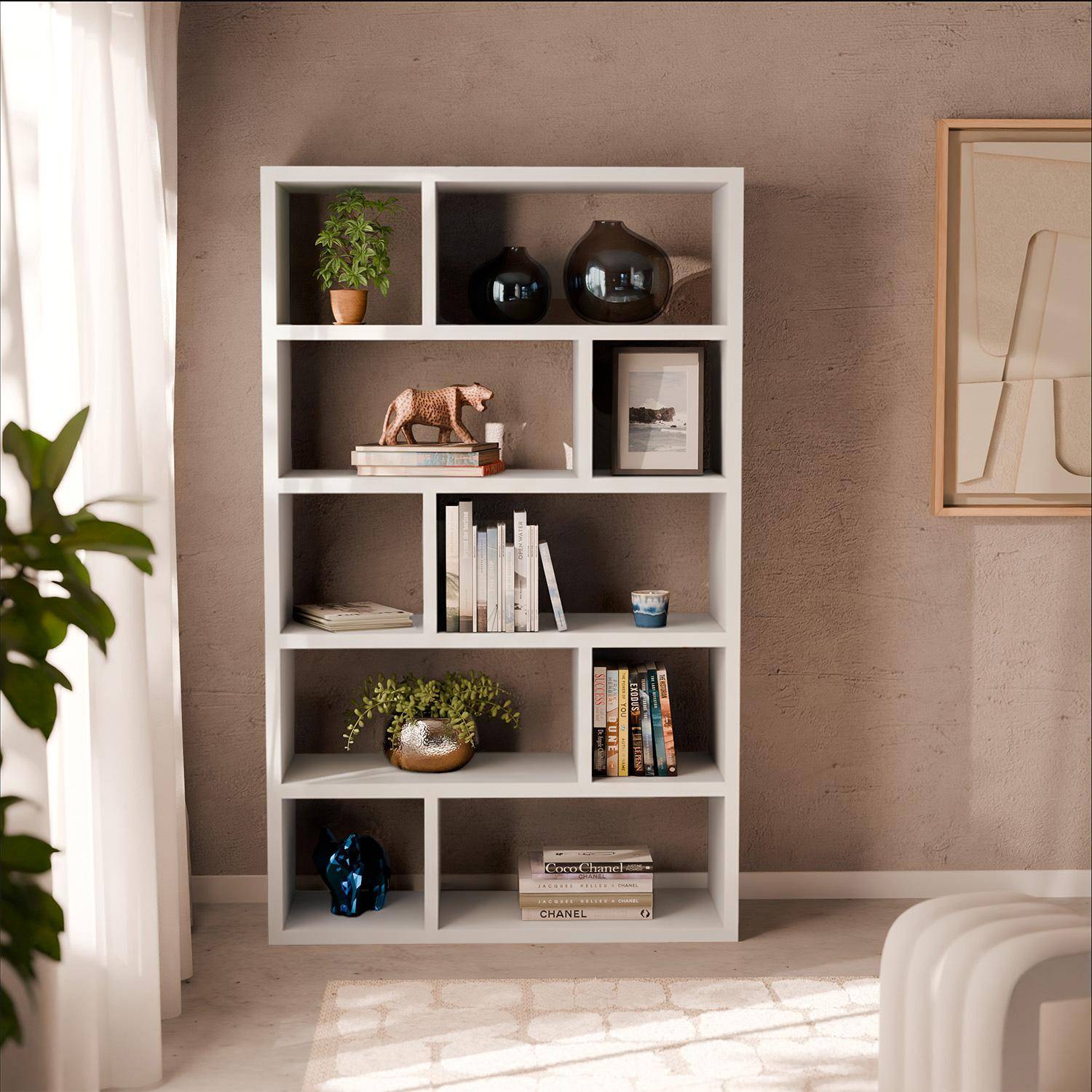 Libreria asimmetrica a 5 livelli con 10 scomparti, Basiks, Bianco, 111.2x39x190 cm Photo1
