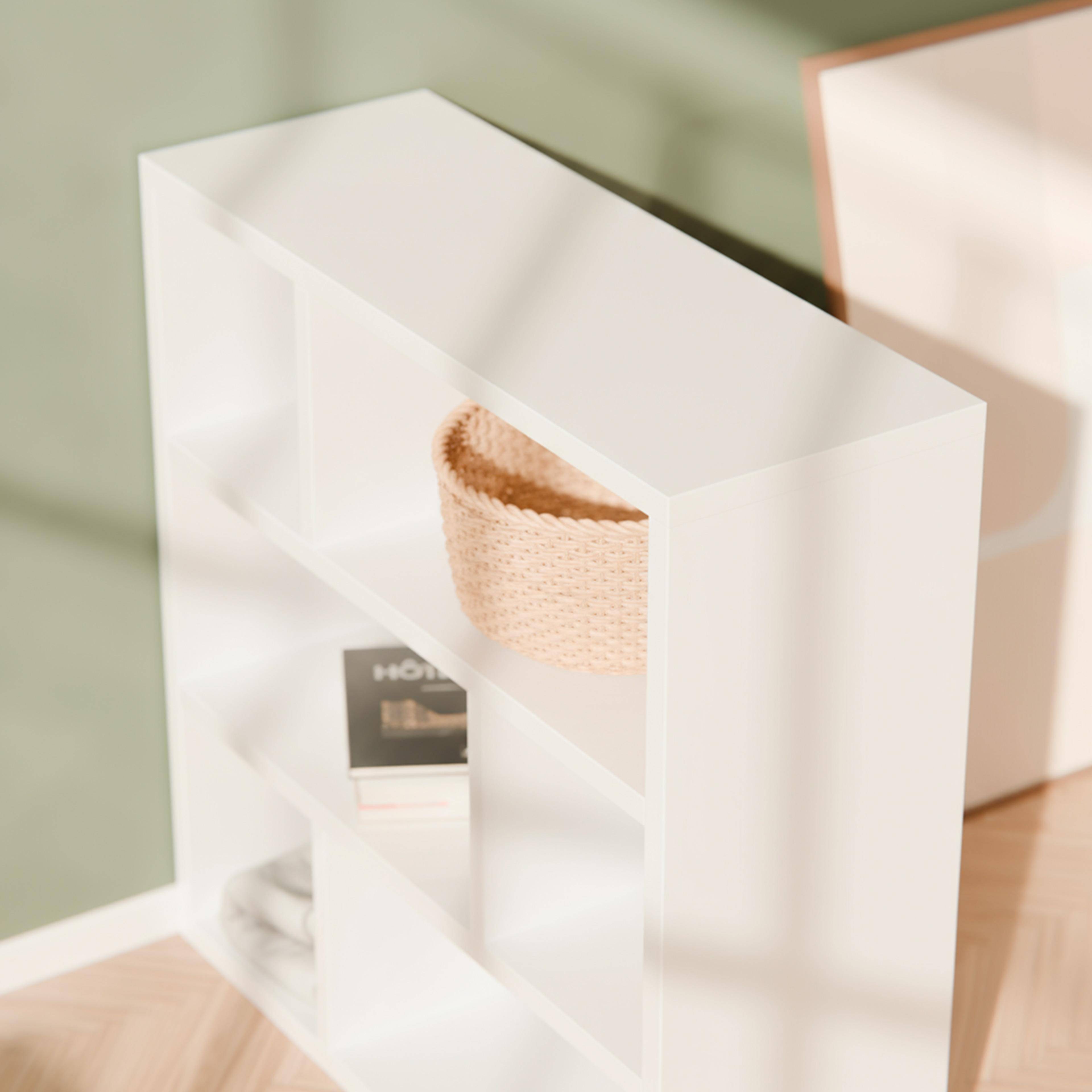 Libreria asimmetrica a 3 livelli con 6 vani, Basiks, Bianco, 111.2x39x115.2 cm,sweeek,Photo2