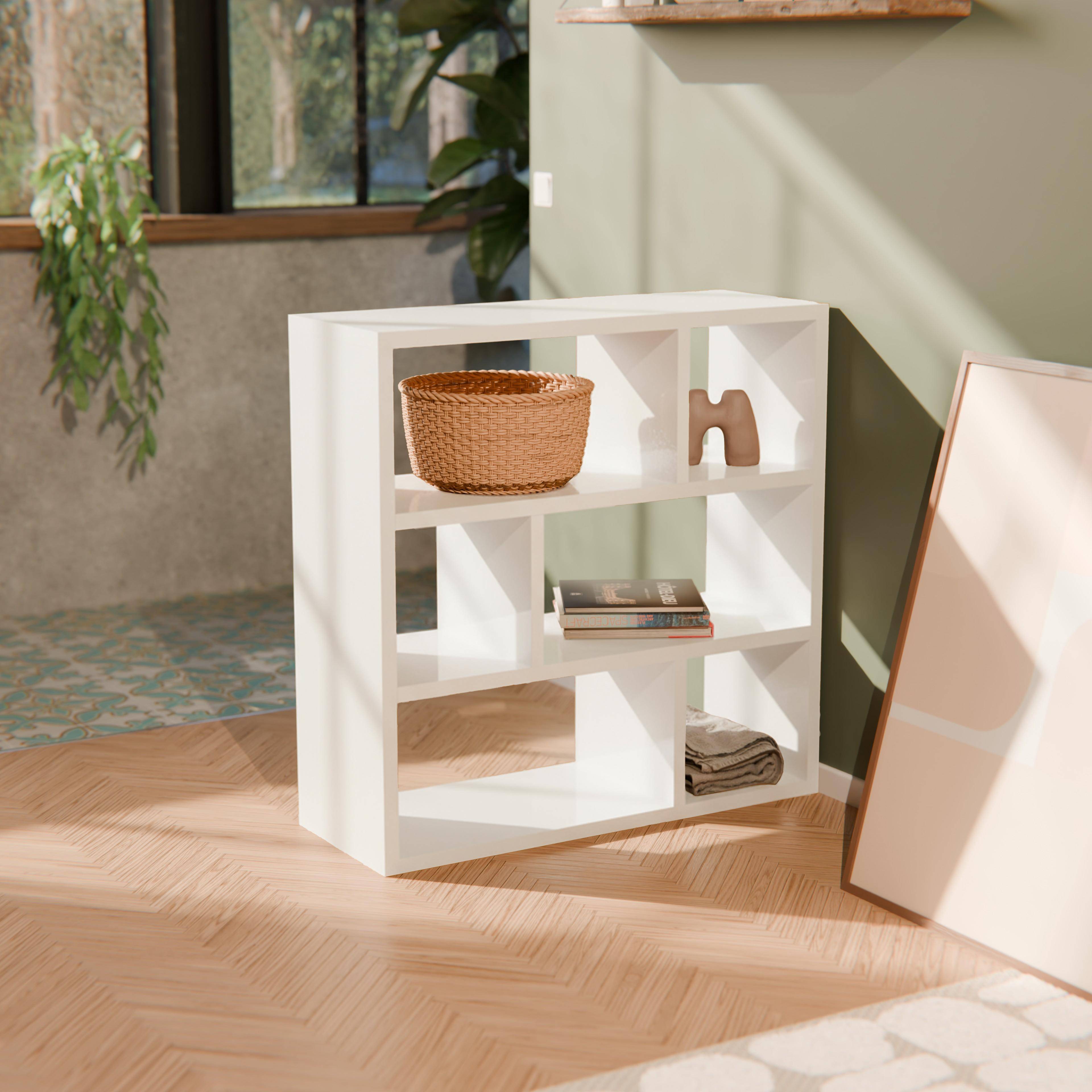 Libreria asimmetrica a 3 livelli con 6 vani, Basiks, Bianco, 111.2x39x115.2 cm,sweeek,Photo1