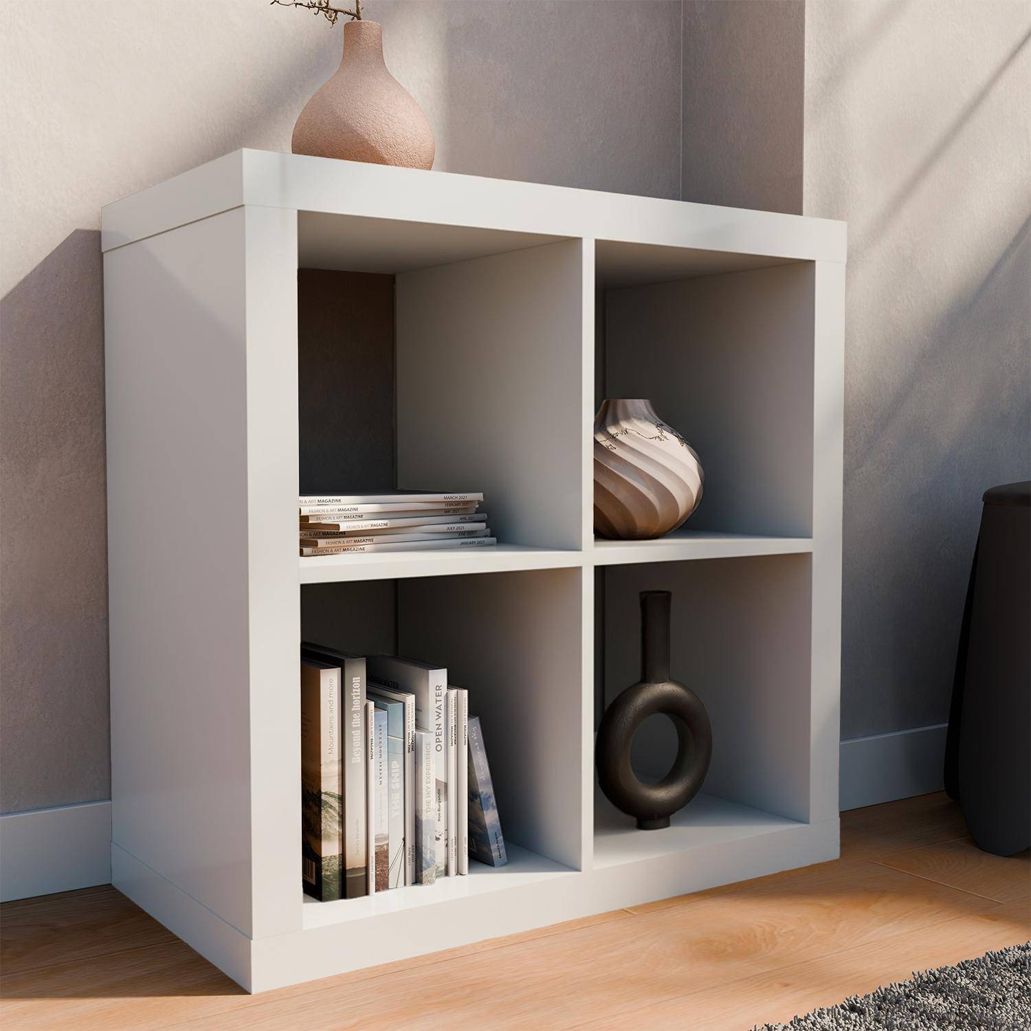 Etagère bibliothèque cubique 2 niveaux 4 compartiments, casiers, effet bois blanc, L 76 x P 39 x H 76cm Photo3