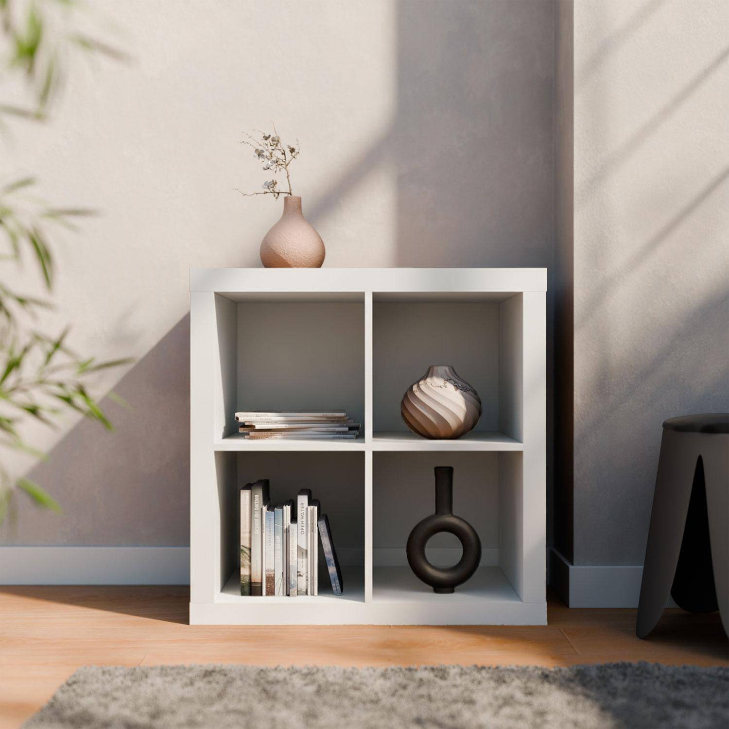 Etagère bibliothèque cubique 2 niveaux 4 compartiments, casiers, effet bois blanc, L 76 x P 39 x H 76cm Photo1