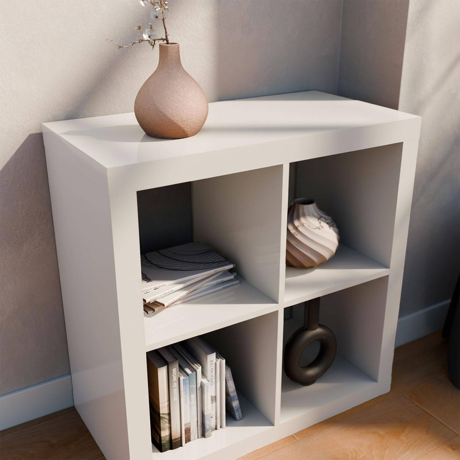 Etagère bibliothèque cubique 2 niveaux 4 compartiments, casiers, effet bois blanc, L 76 x P 39 x H 76cm Photo2