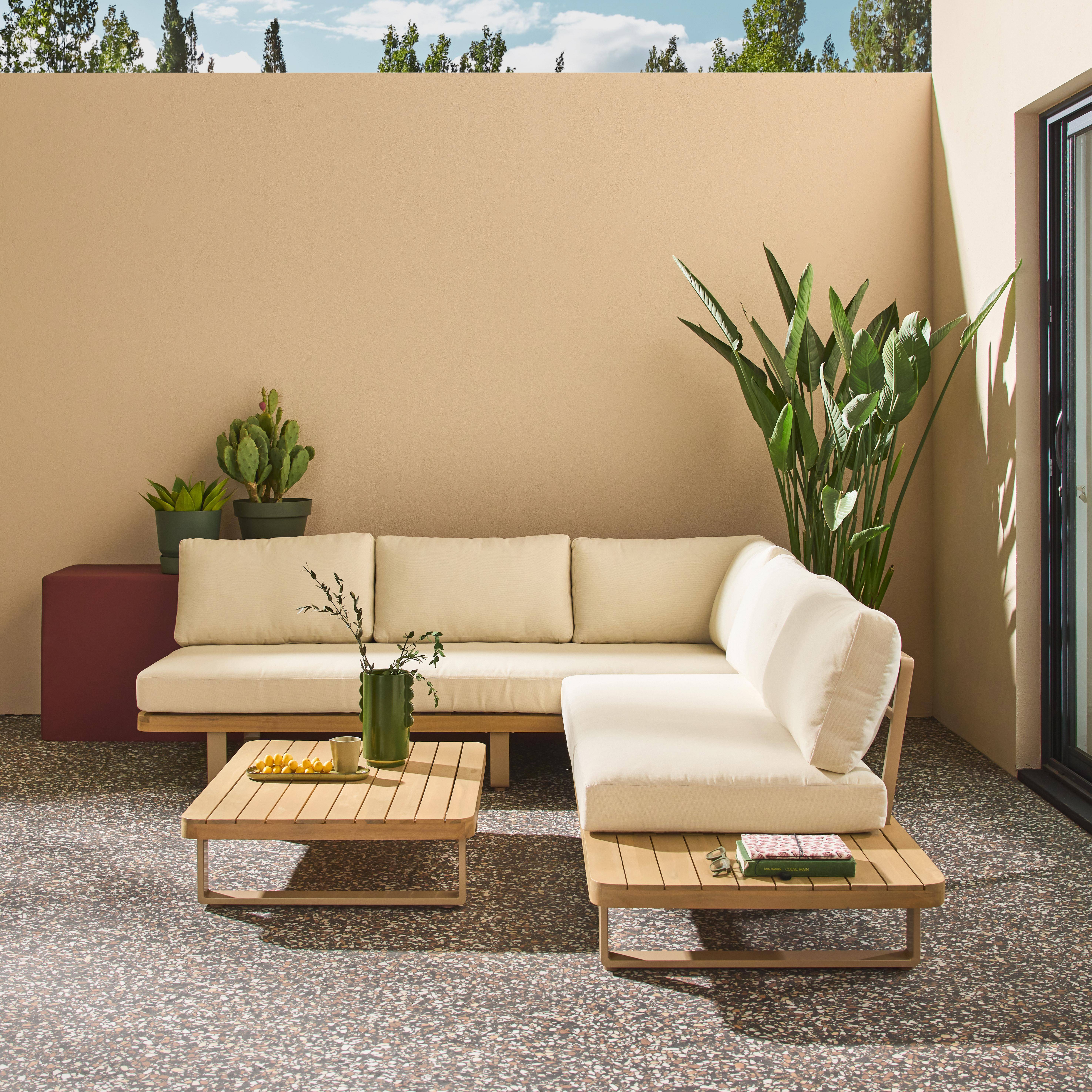 Narożny zestaw ogrodowy z drewna akacjowego i aluminium, 5 miejsc, beżowy - Acalia Latika Photo1