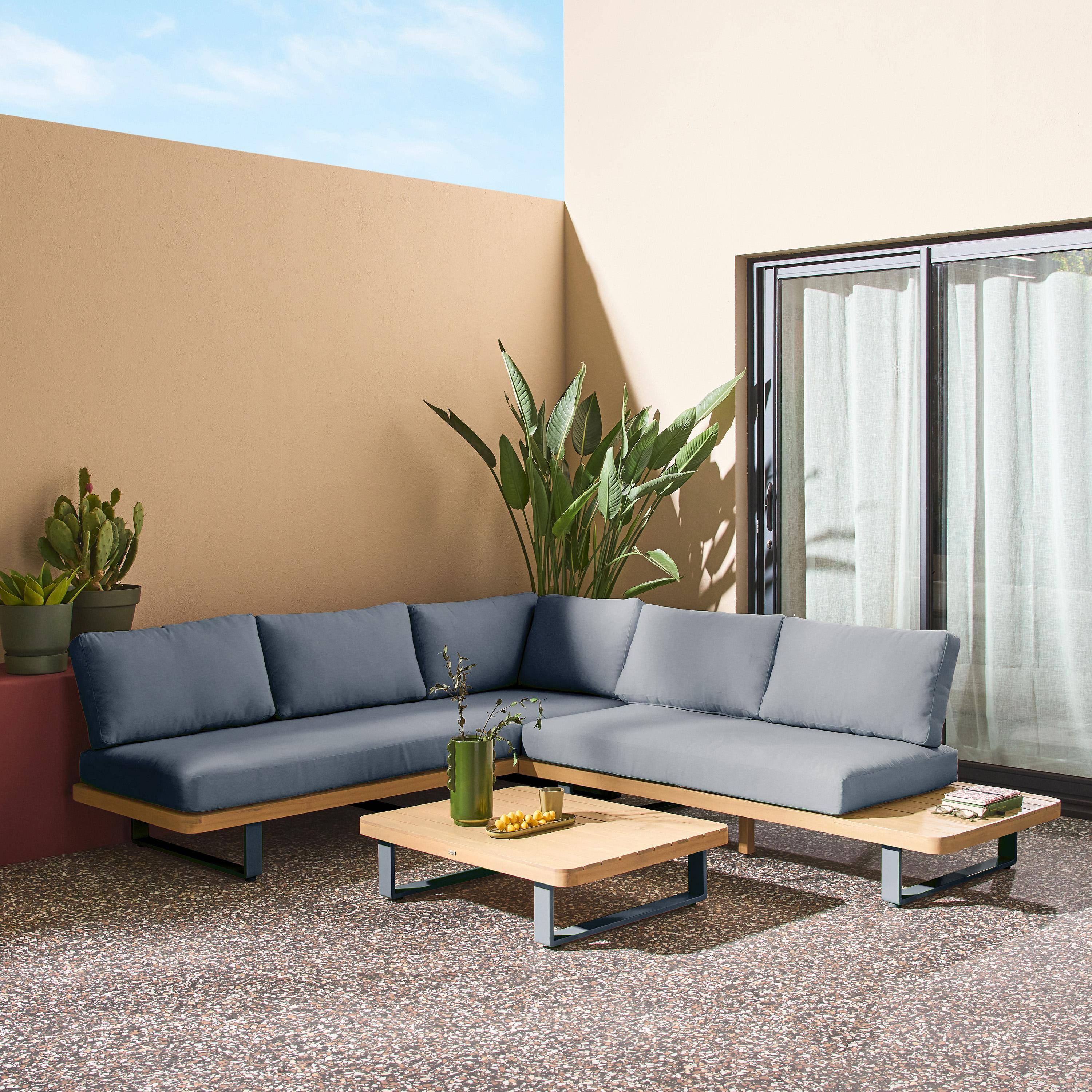 Narożny zestaw ogrodowy z drewna akacjowego i aluminium, 5 miejsc, szary - Acalia Latika Photo2