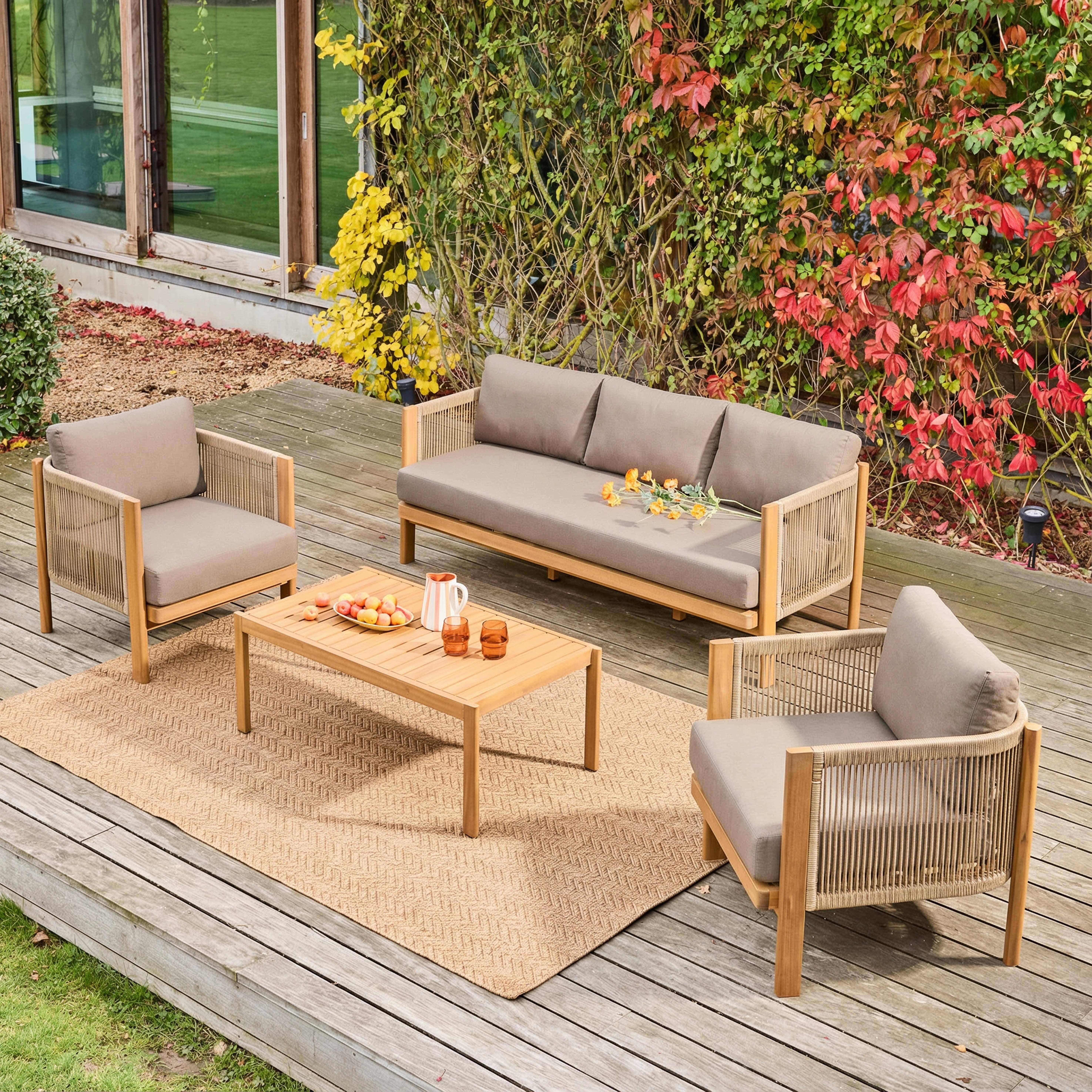 Salotto da giardino in acacia e corde, 5 posti Marrone - 100x55x38 cm,sweeek,Photo2