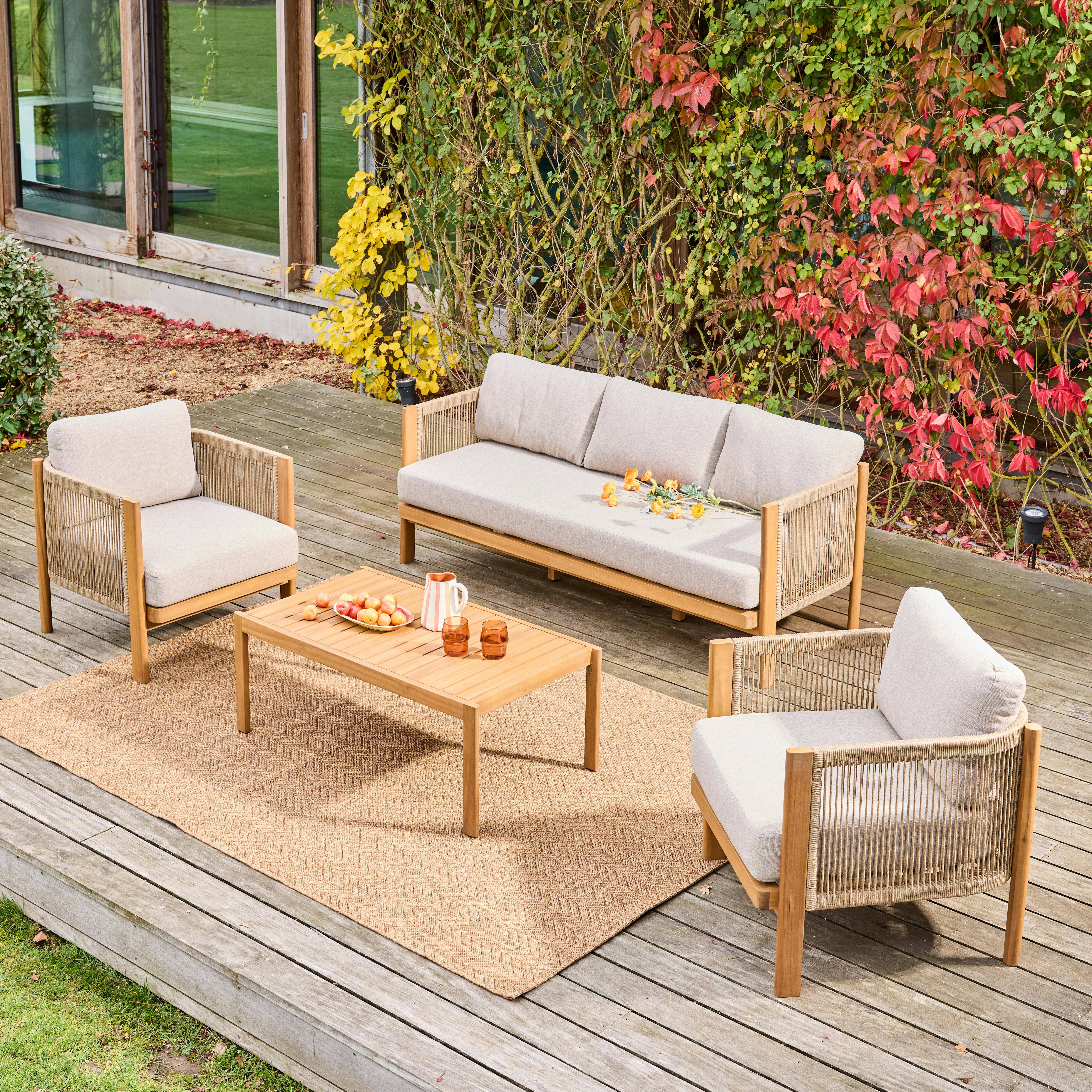 Salotto da giardino in acacia e corde, 5 posti Ecrù - 100x55x38 cm Photo2