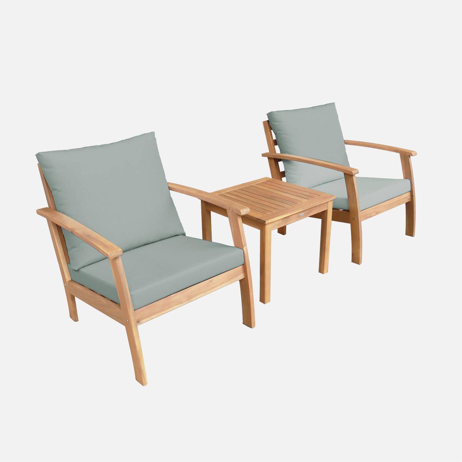 Salon de jardin bois d'acacia 2 places vert de gris -  Fauteuils et table basse - Ushuaïa Photo1