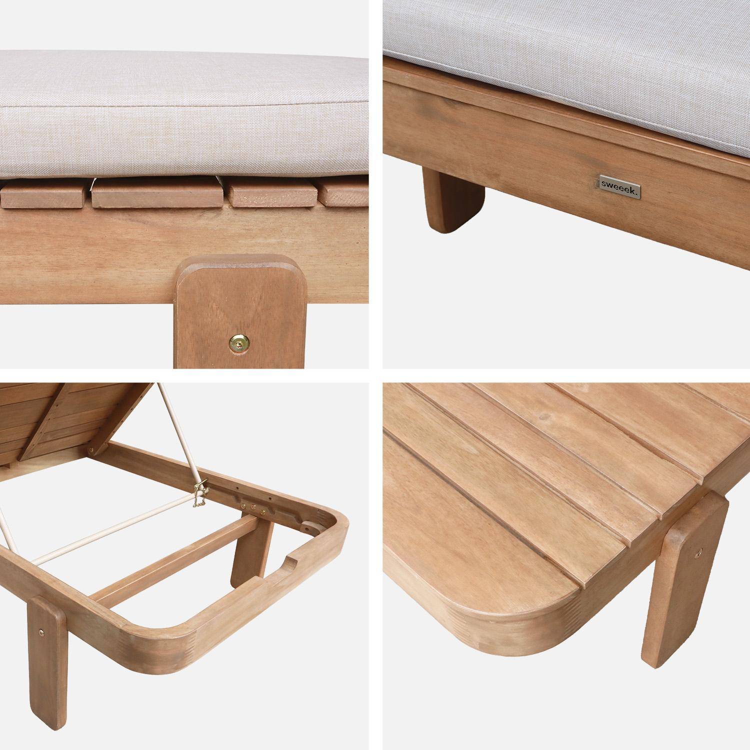 Lettino prendisole in legno di acacia multi-posizione con cuscino Marrone naturale - 200x65x30 cm,sweeek,Photo4