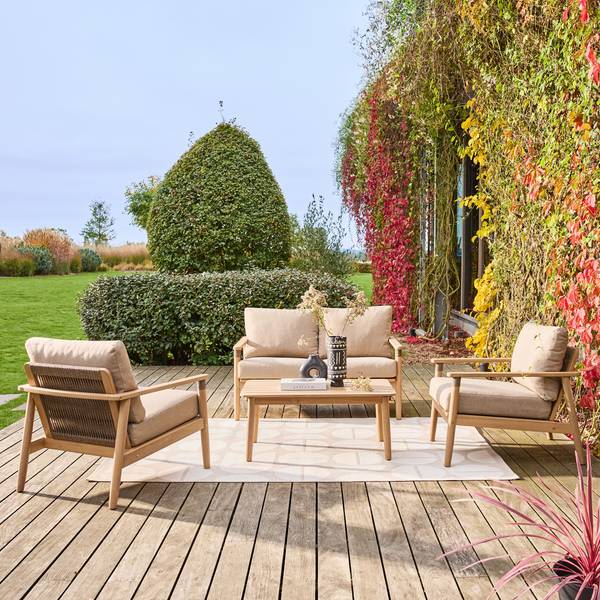 Gartenmöbelset aus Akazienholz mit Seilbespannung, 4 Plätze, natur