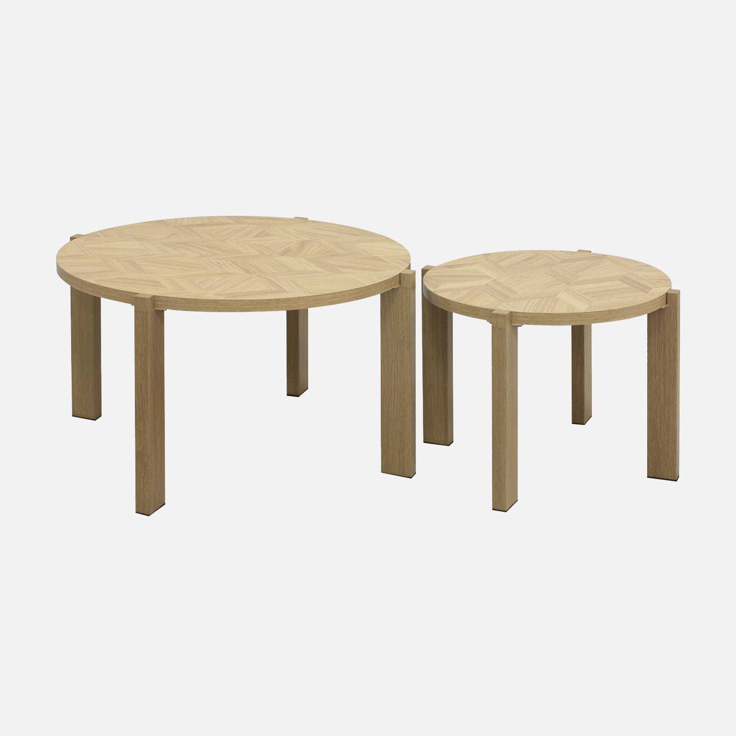 Lot de 2 tables basses gigognes rondes plateau effet chevrons Ø70cm / Ø50cm - Zala,sweeek,Photo1