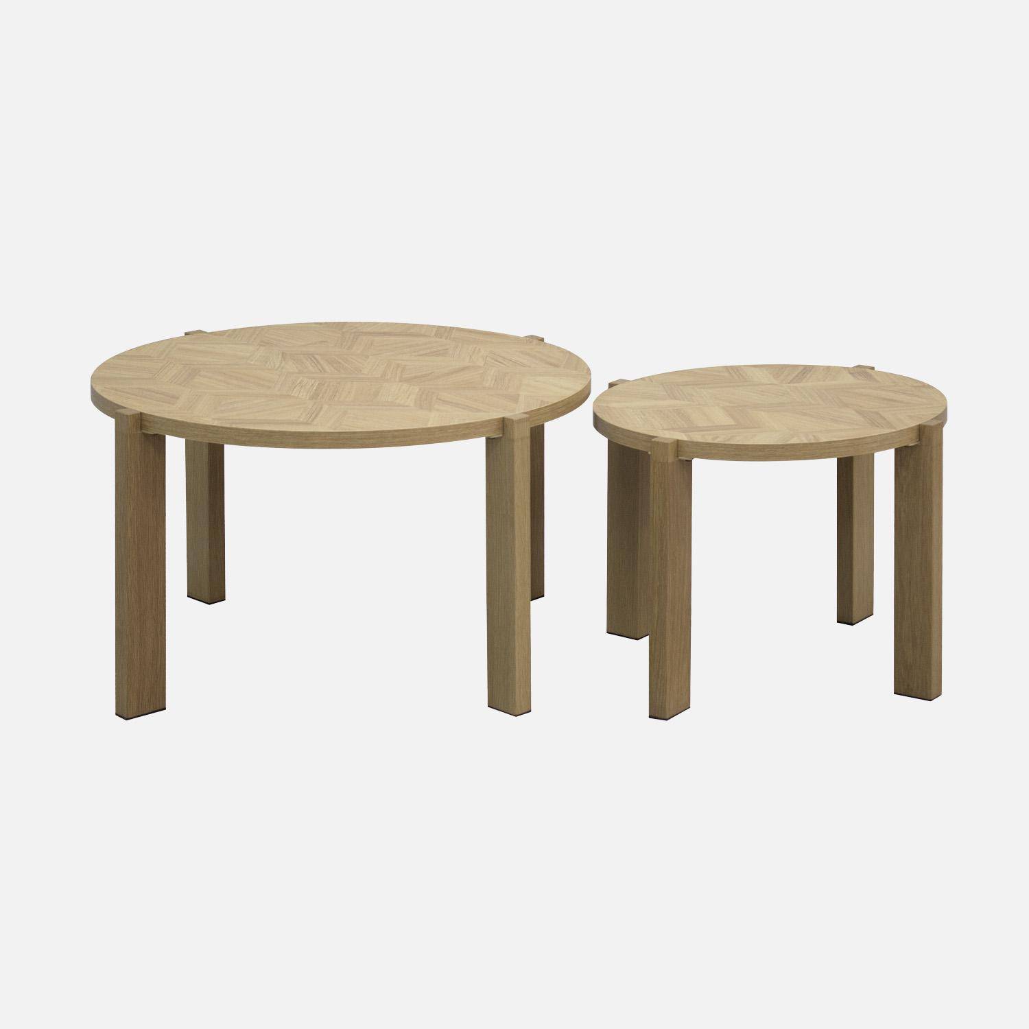 Lot de 2 tables basses gigognes rondes plateau effet chevrons Ø70cm / Ø50cm - Zala Photo2