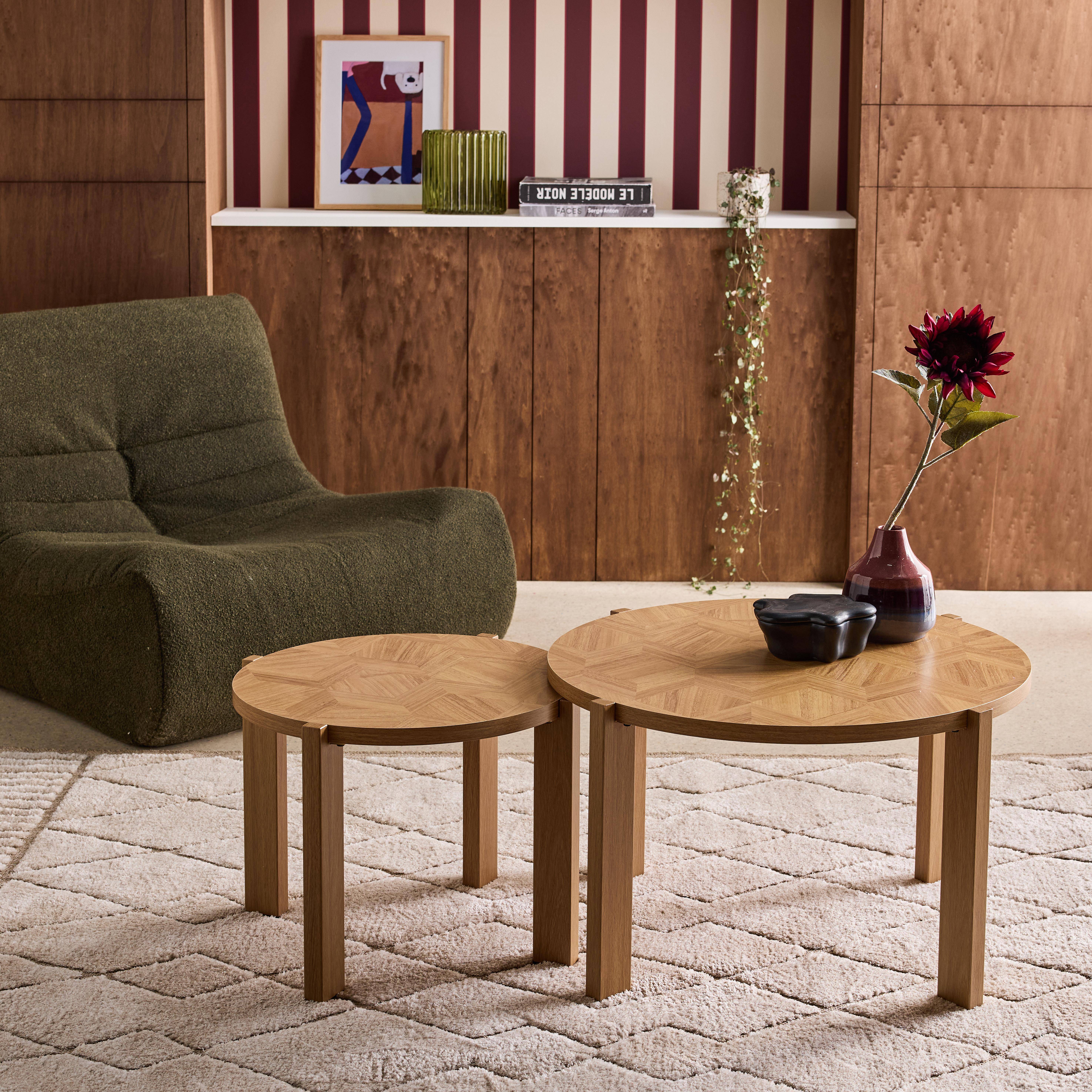 Mesas de encaixe vintage redondas com tampo efeito espinha de peixe, Zala, Natural, 70x70x42.5 cm Photo1