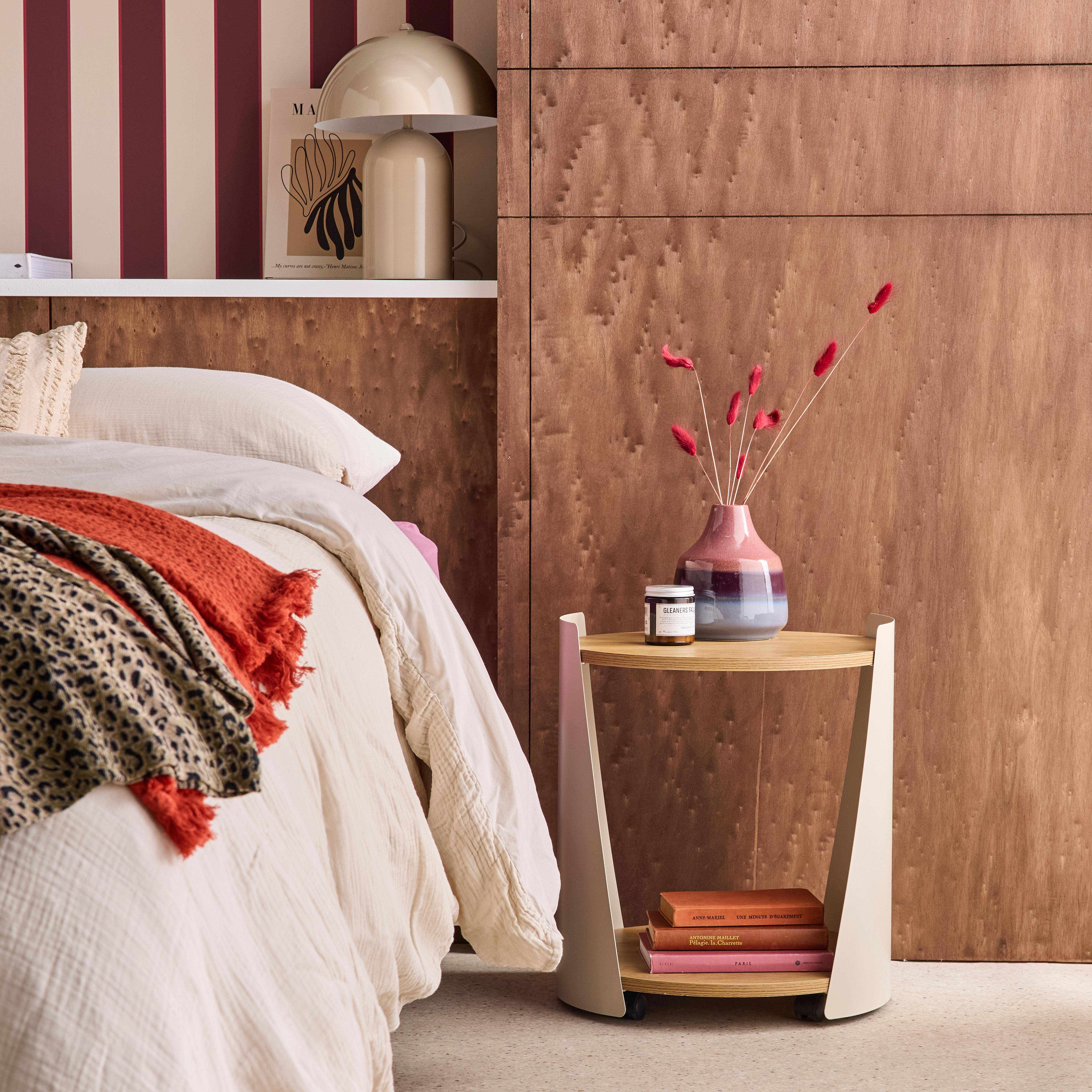 Stolik pomocniczy, stolik nocny z giętego metalu i w kolorze drewna na kółkach, beżowy - Molto Photo1