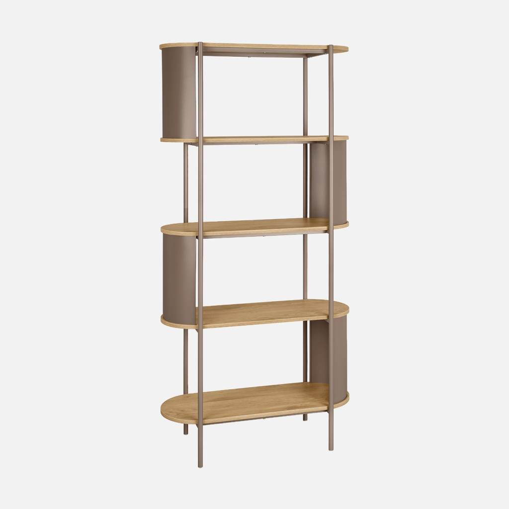Bibliothèque métal courbé et décor bois 5 niveaux marron