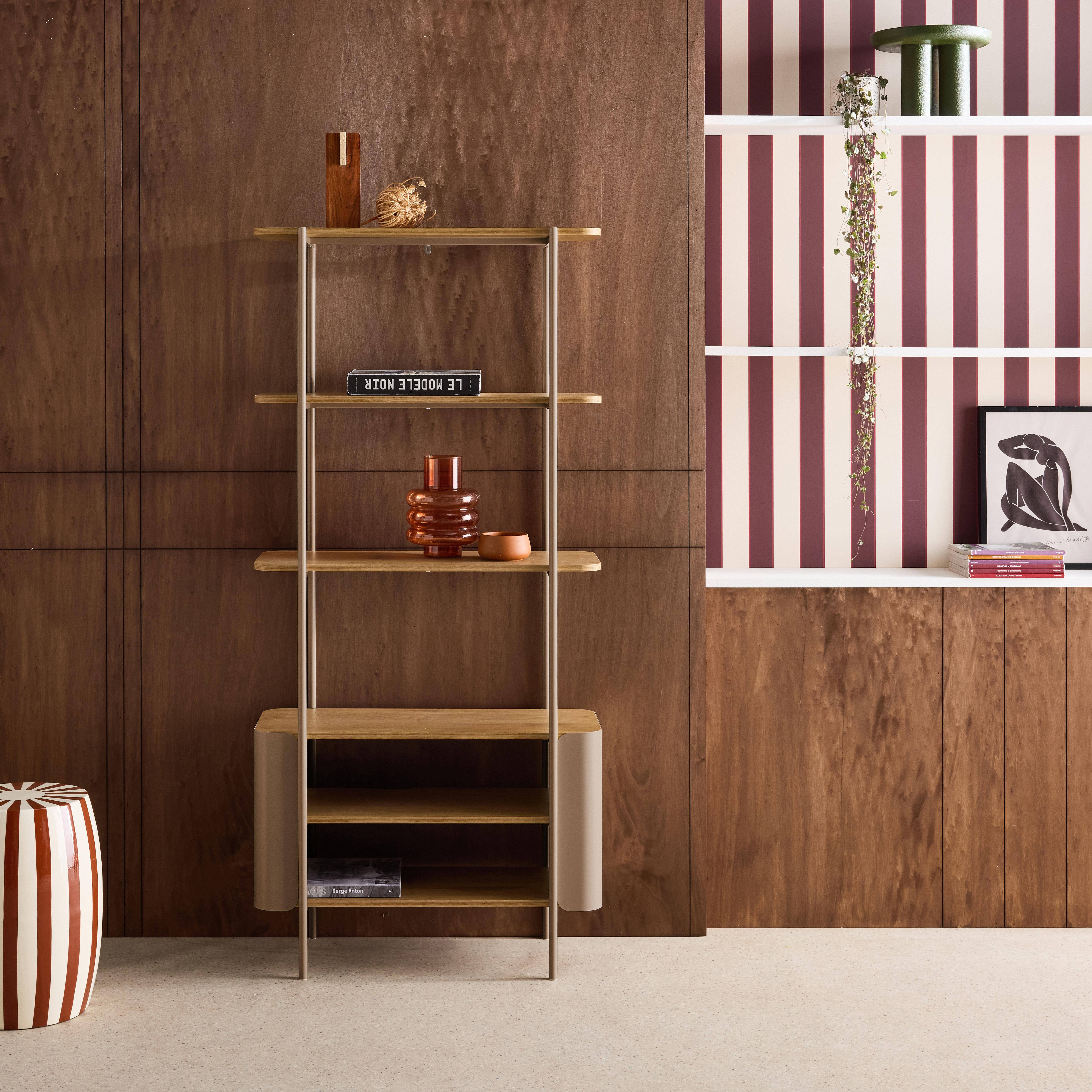 Estantería biblioteca de metal curvado y decoración de madera, 6 niveles Marrón - 80x33.8x172 cm,sweeek,Photo1