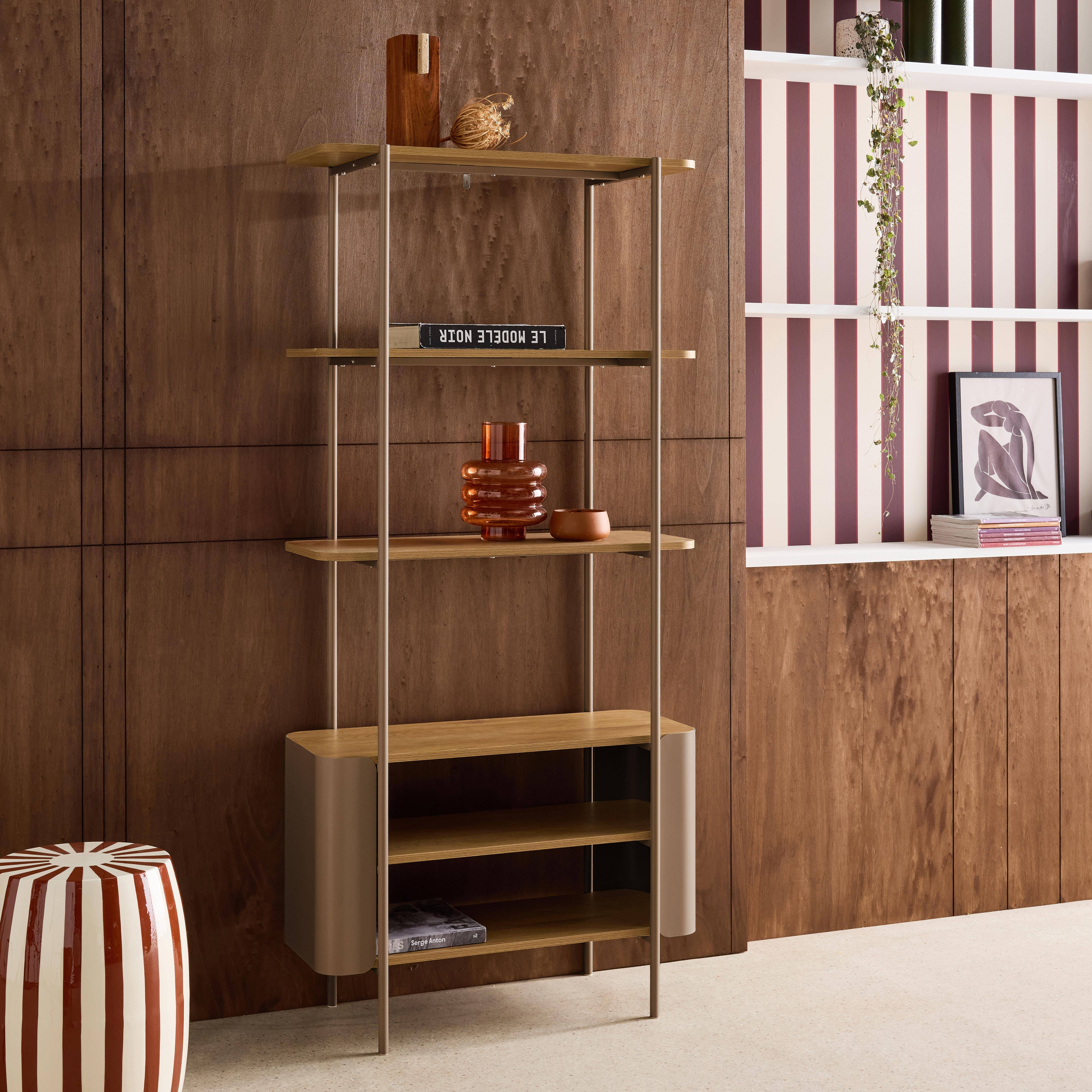 Estantería biblioteca de metal curvado y decoración de madera, 6 niveles Marrón - 80x33.8x172 cm,sweeek,Photo2