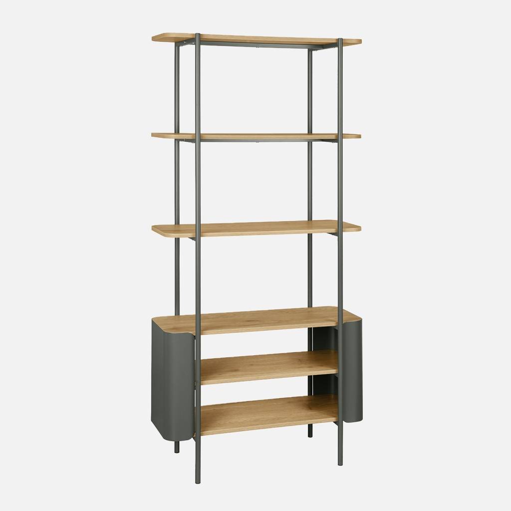 Bibliothèque métal courbé et décor bois 6 niveaux vert