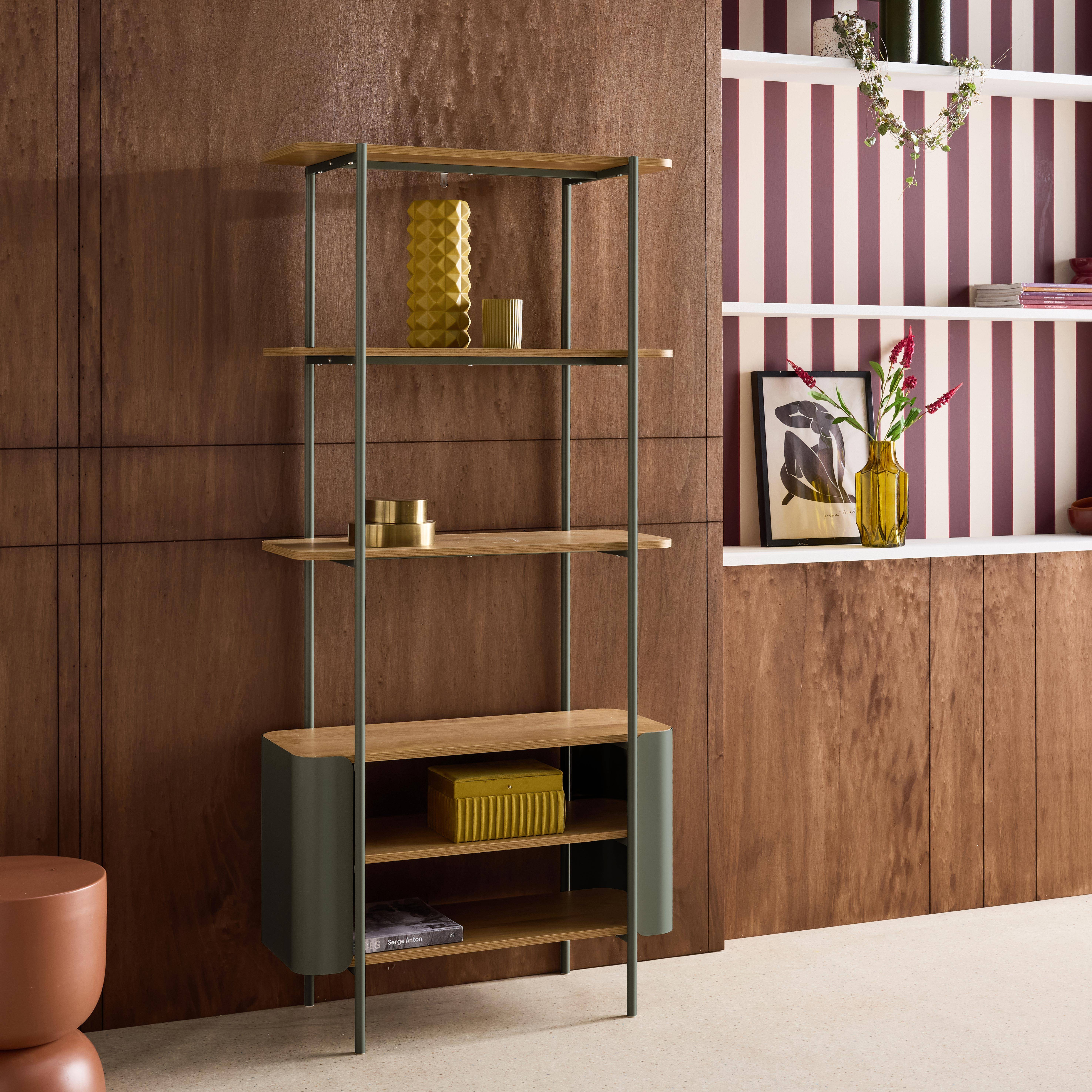 Etagère bibliothèque métal courbé et décor bois 6 niveaux vert - Molto,sweeek,Photo2