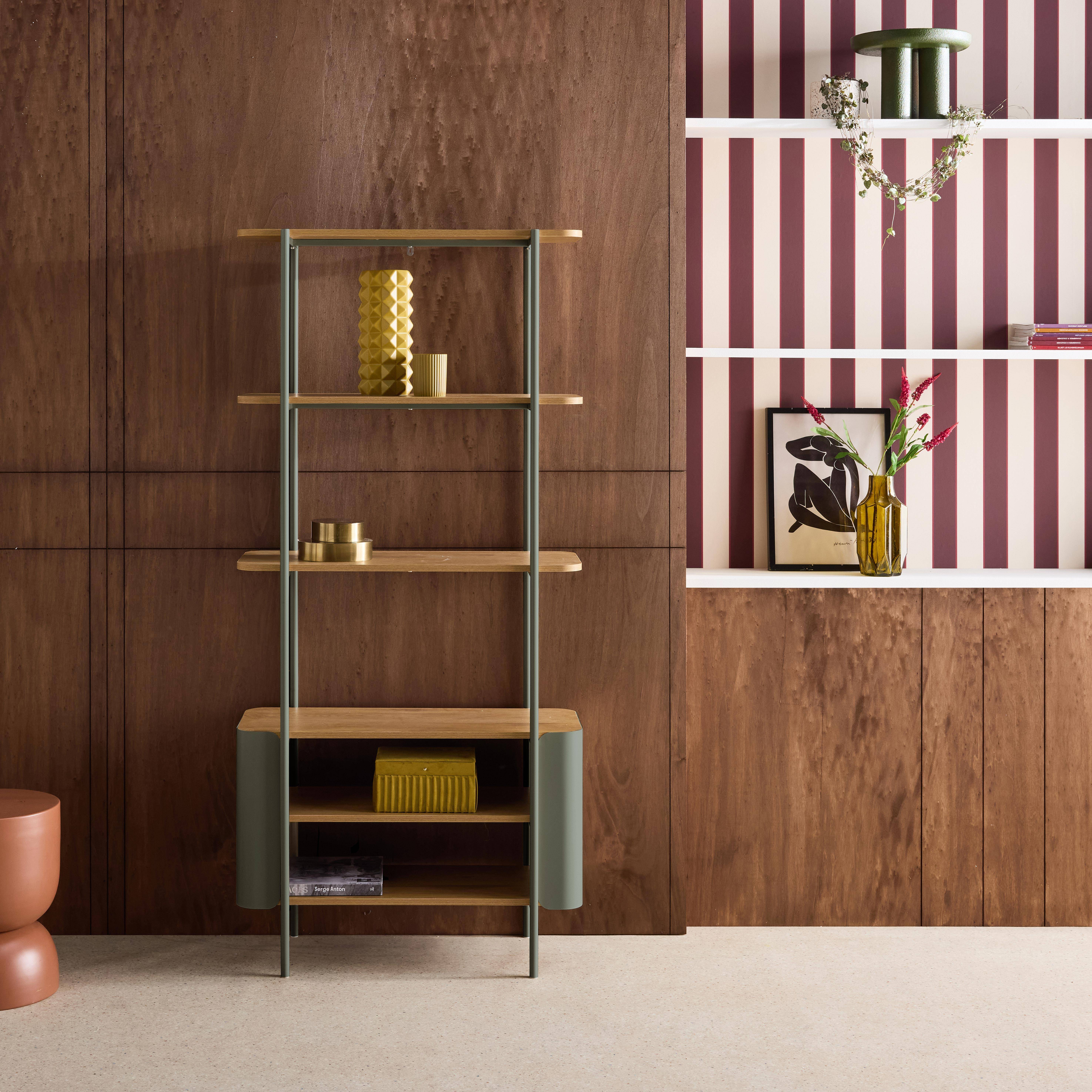 Etagère bibliothèque métal courbé et décor bois 6 niveaux vert - Molto,sweeek,Photo1