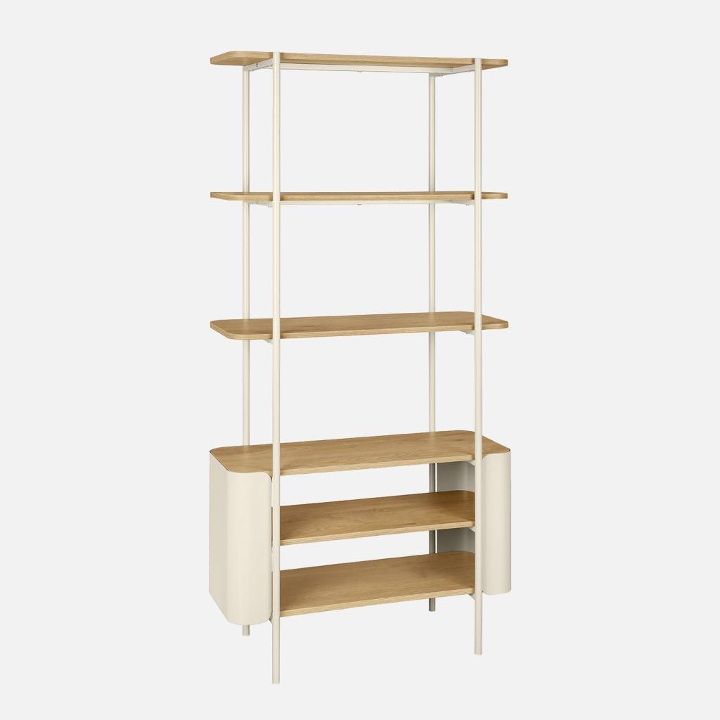 Bibliothèque métal courbé et décor bois 6 niveaux beige