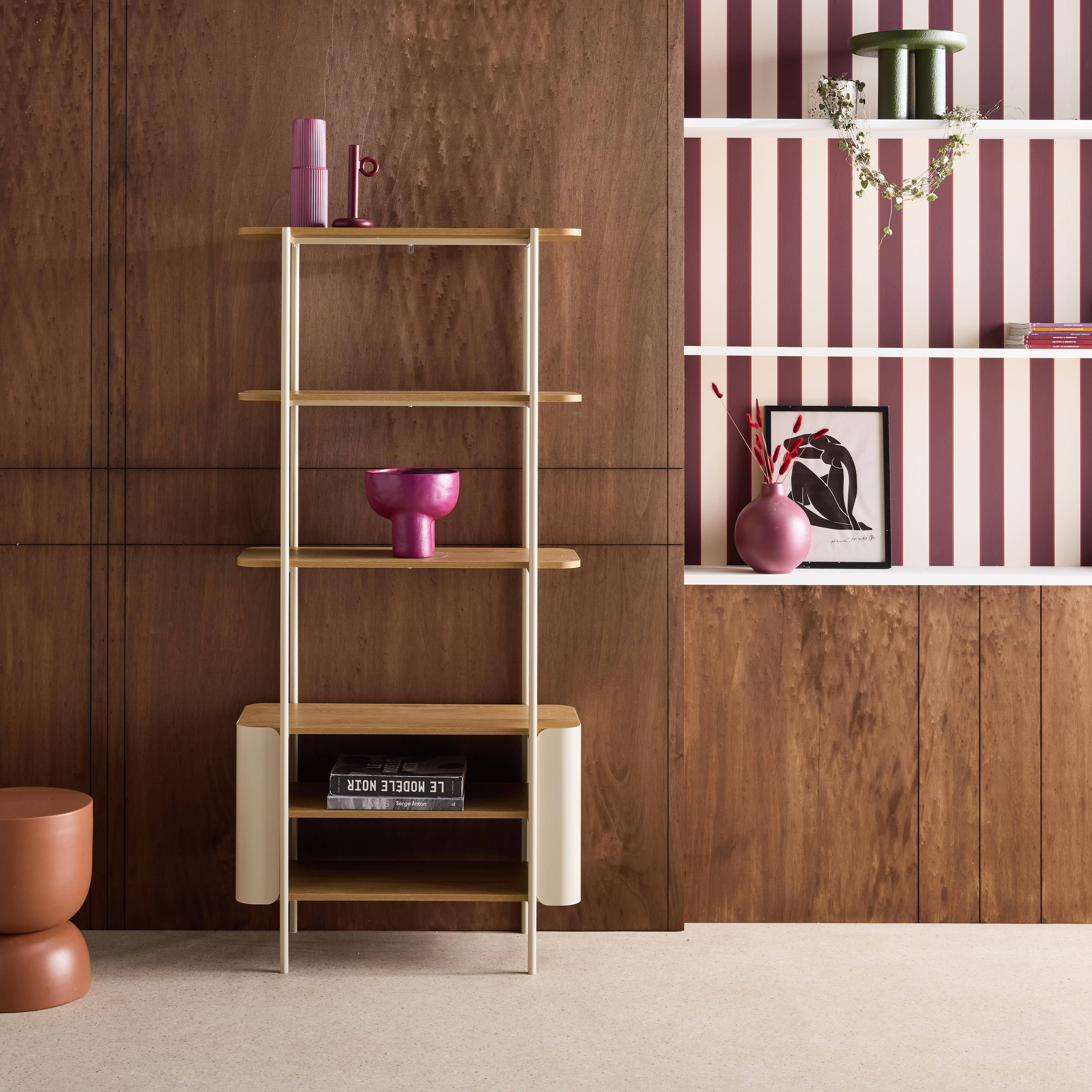 Bookshelf with curved metal and wood decor, 6 levels, beige 80x33.8x172 cm - Molto Photo1