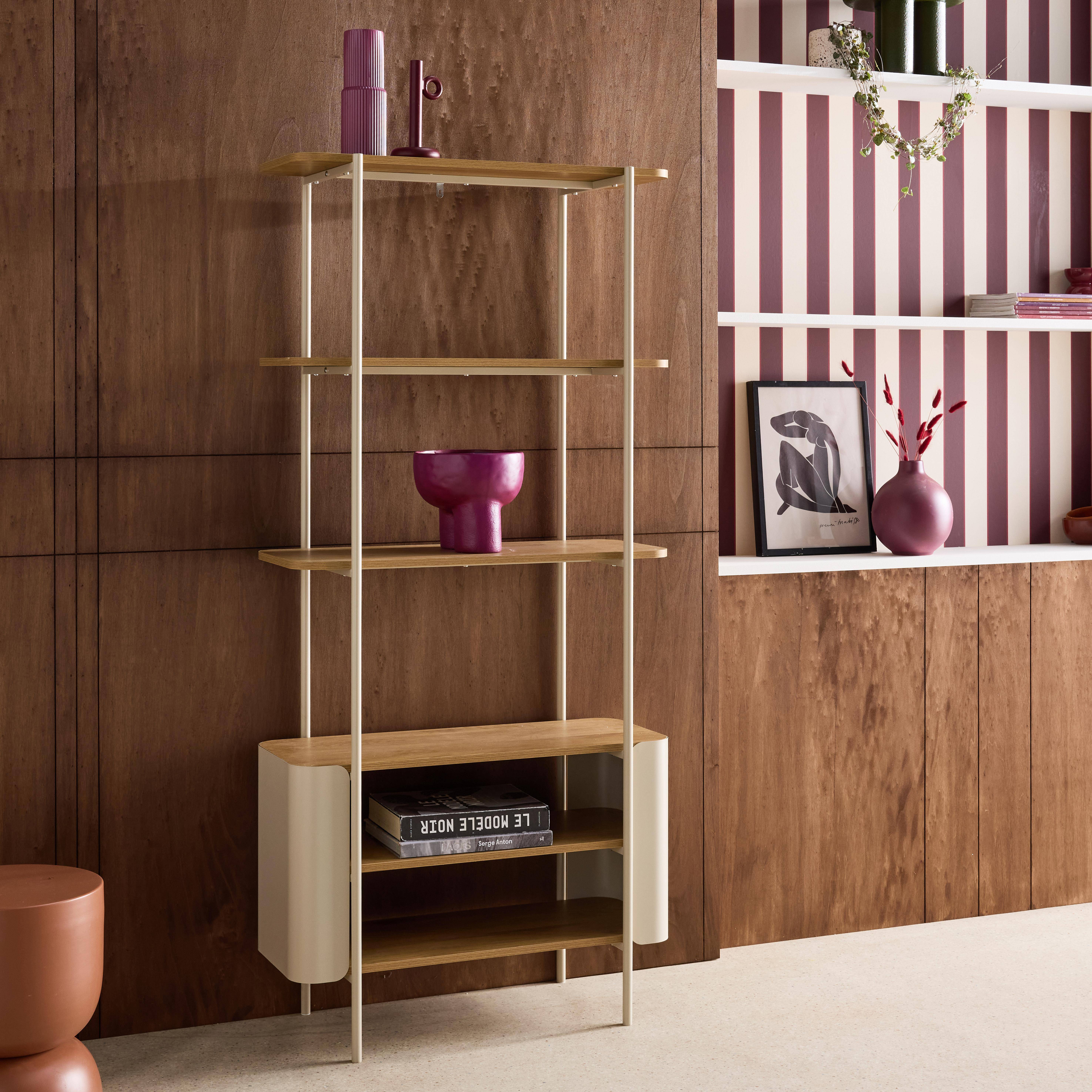 Bookshelf with curved metal and wood decor, 6 levels, beige 80x33.8x172 cm - Molto Photo2