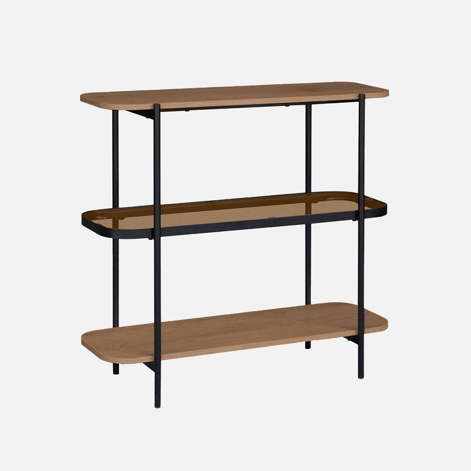 Etagère bibliothèque verre, décor bois et métal 3 niveaux - Smooky Photo1