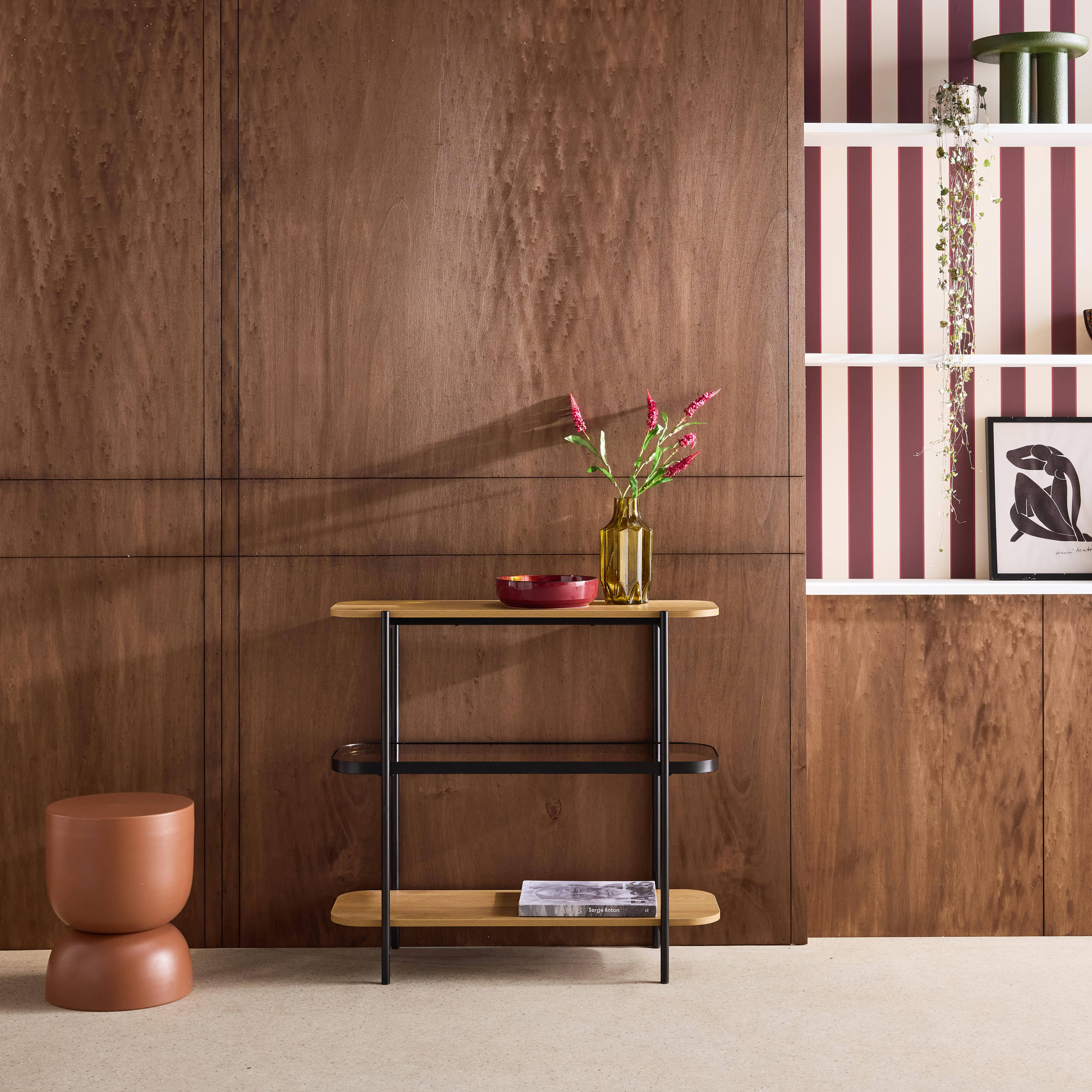 Bookshelf, glass, wood decor and metal, 3 levels, Natural 90x34x84 cm - Smooky Photo1