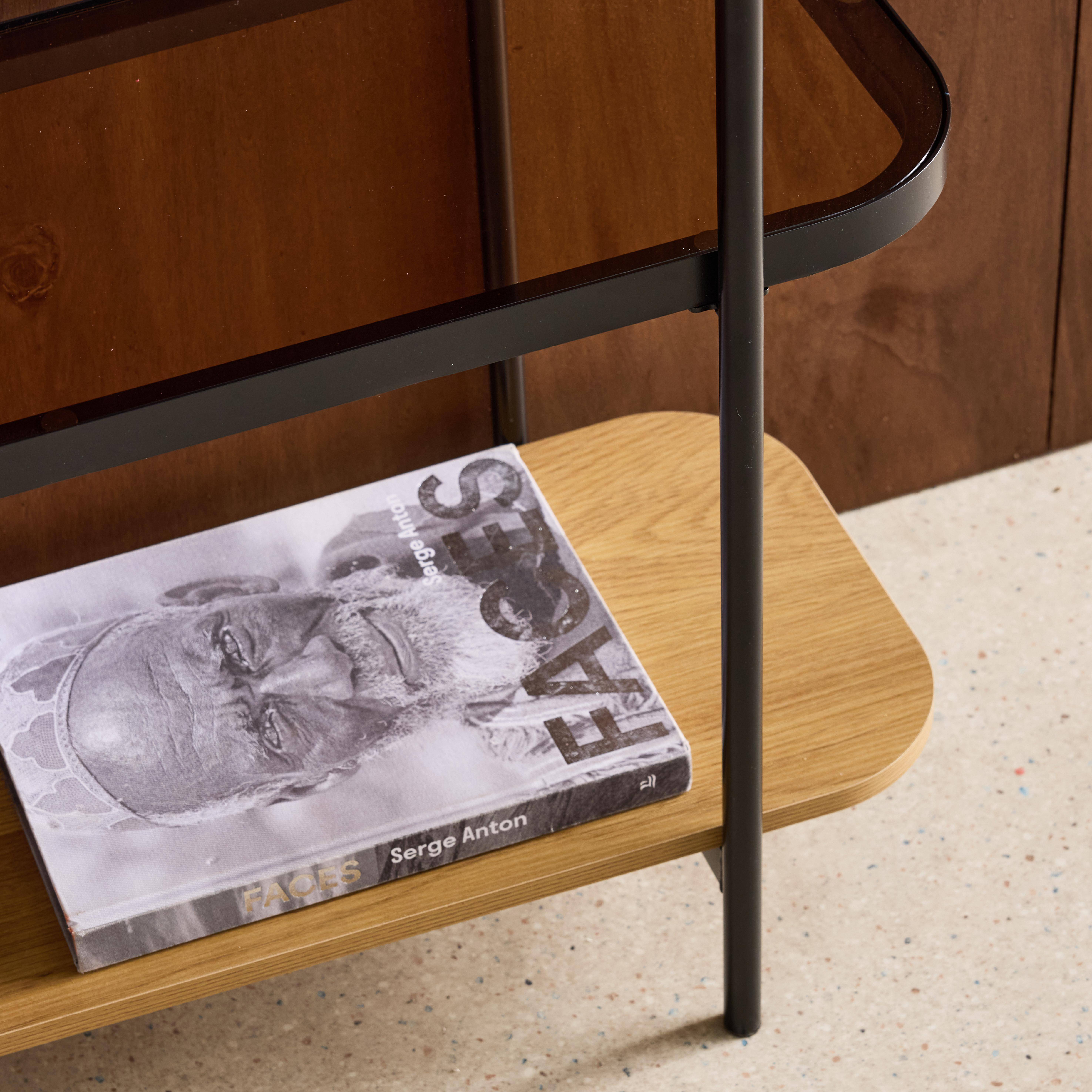 Bookshelf, glass, wood decor and metal, 3 levels, Natural 90x34x84 cm - Smooky Photo3