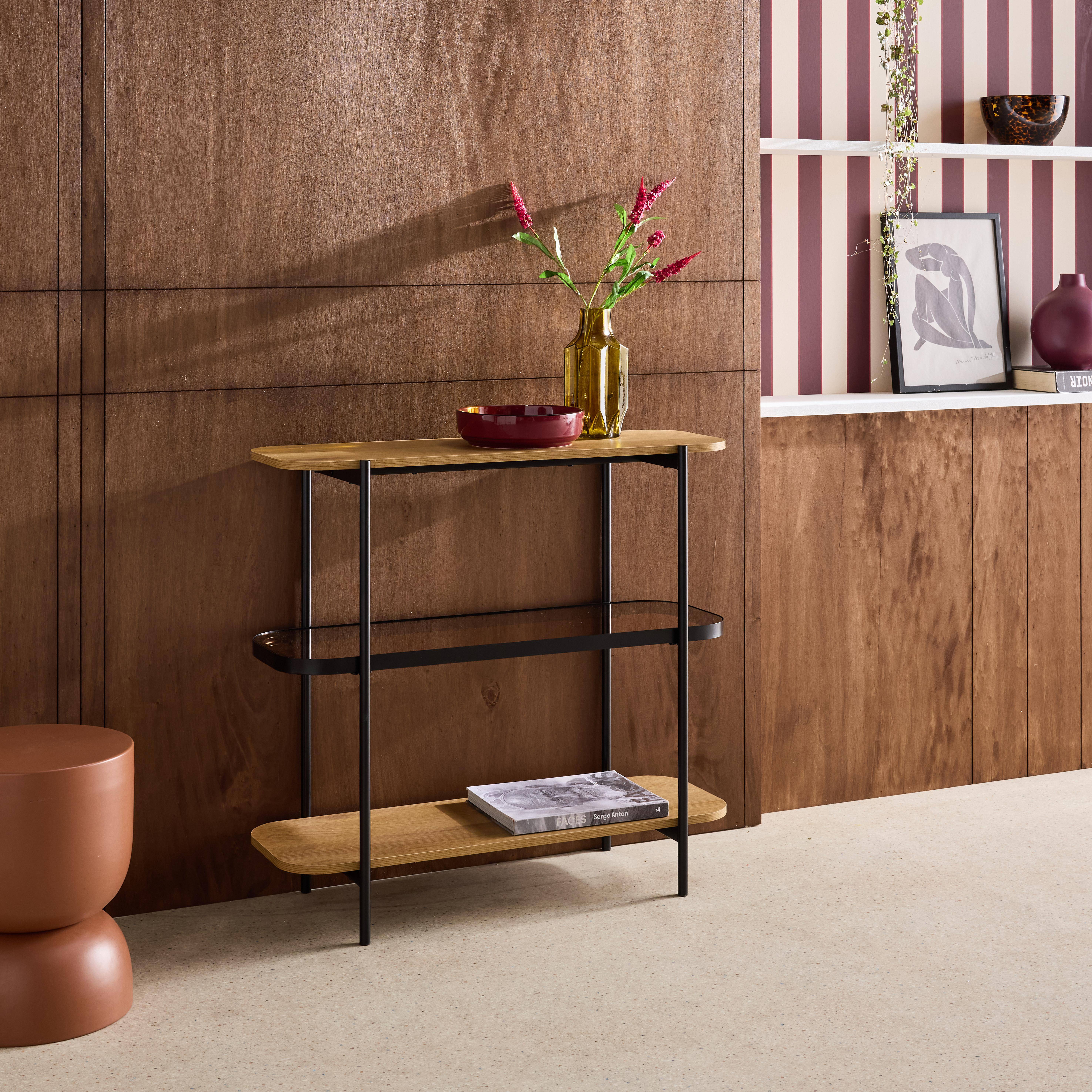 Bookshelf, glass, wood decor and metal, 3 levels, Natural 90x34x84 cm - Smooky Photo2