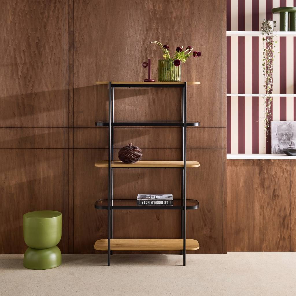 Bücherregal aus Glas, Holzdekor und Stahl 3 Ebenen