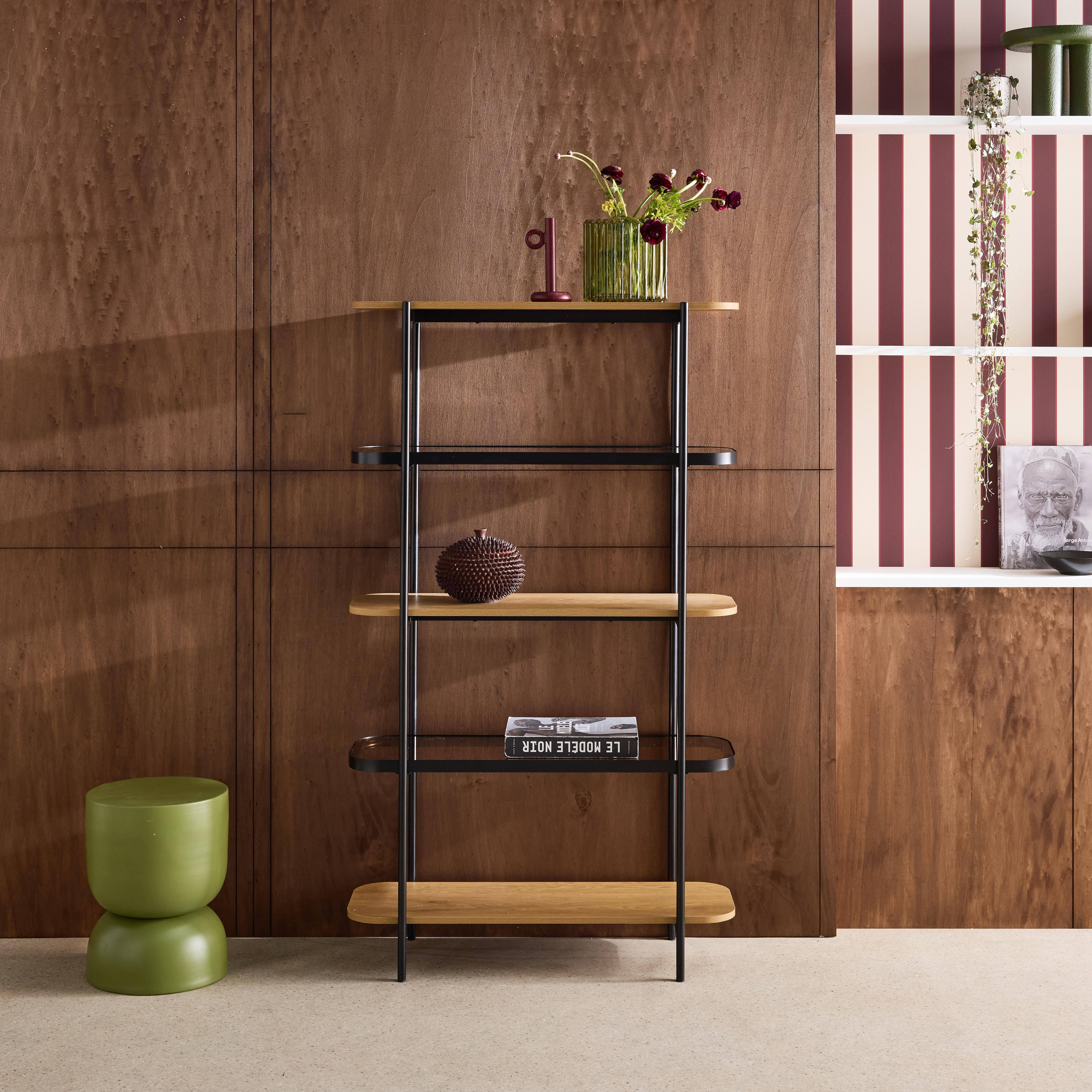 Open kast met 5 niveaus metaal houtdecor en gehard glas naturel