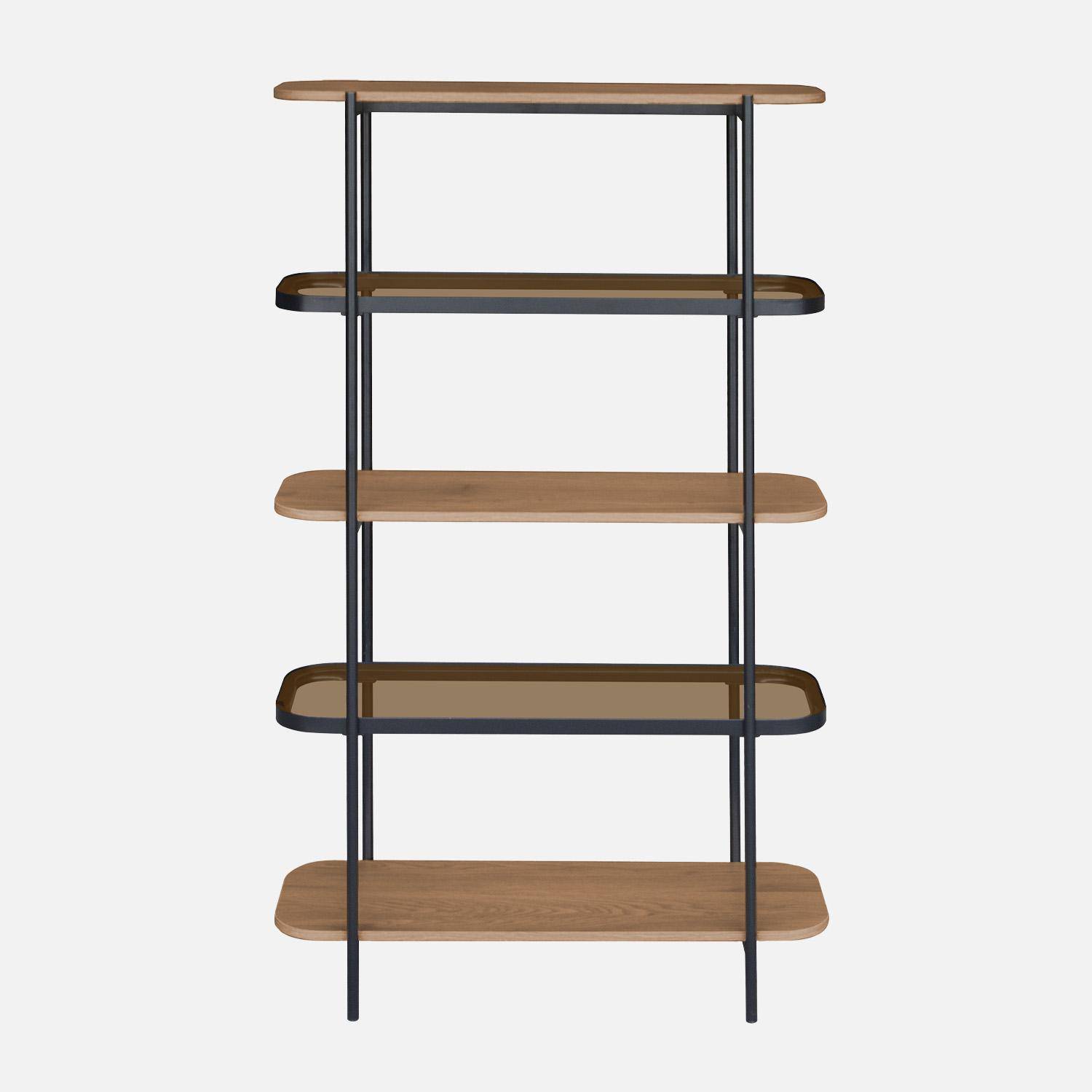 Etagère bibliothèque verre, décor bois et métal 5 niveaux - Smooky Photo2