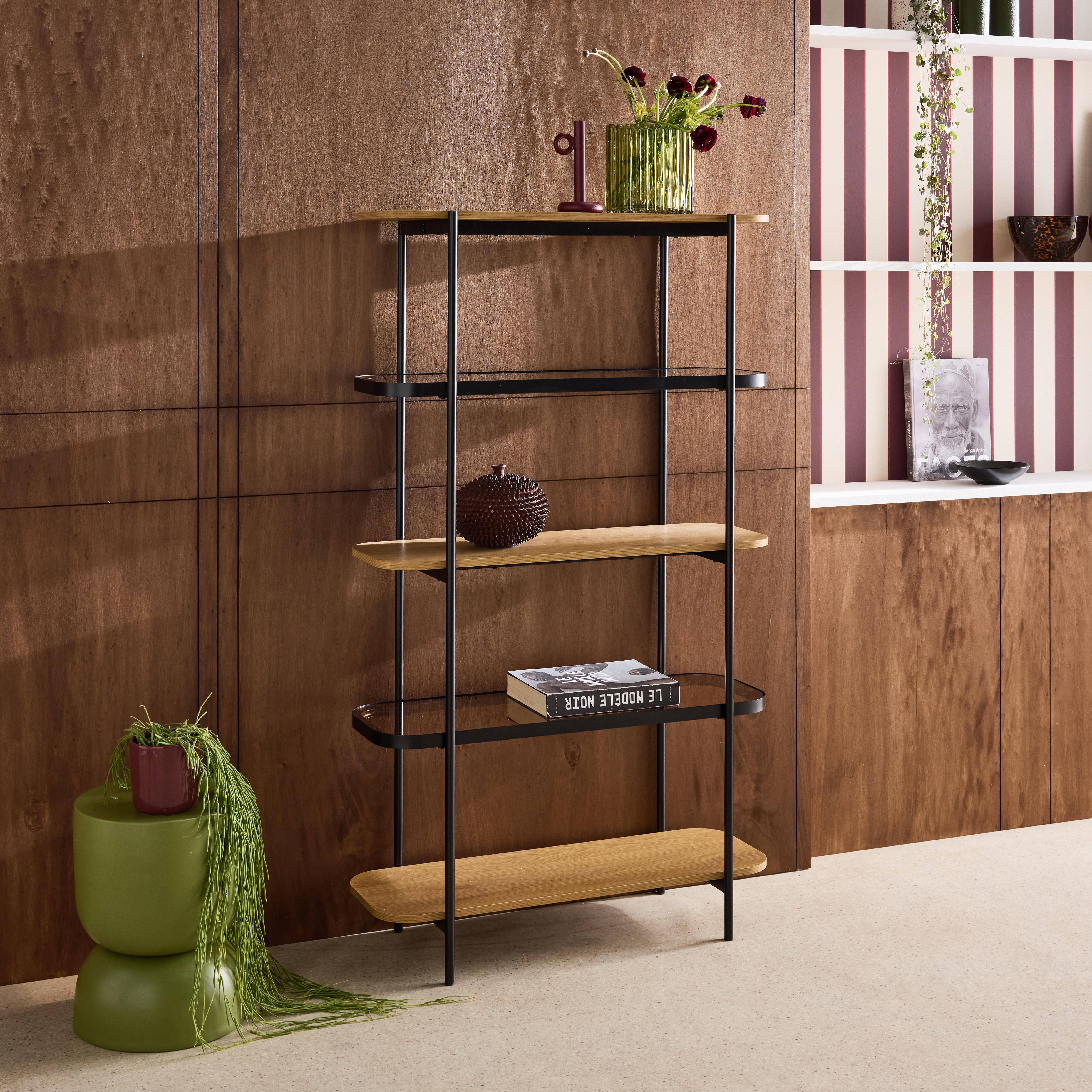 Bookshelf, glass, wood decor and metal, 5 levels, natural, 90x34x155 cm - Smooky Photo2